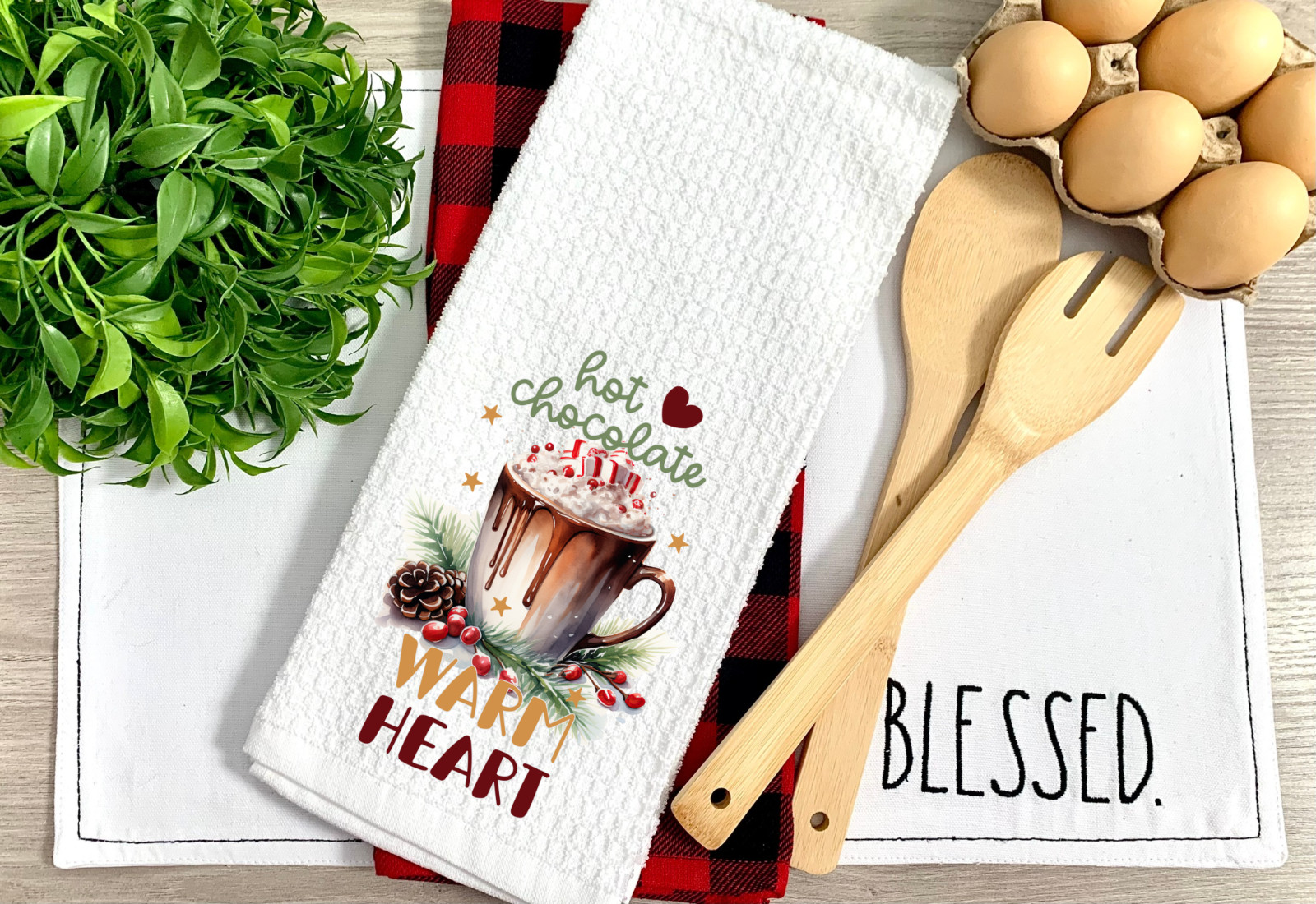Hot Chocolate, Warm Heart, Waffle Weave Dish/Tea Towel, Micro Fiber,16x24"(T259)