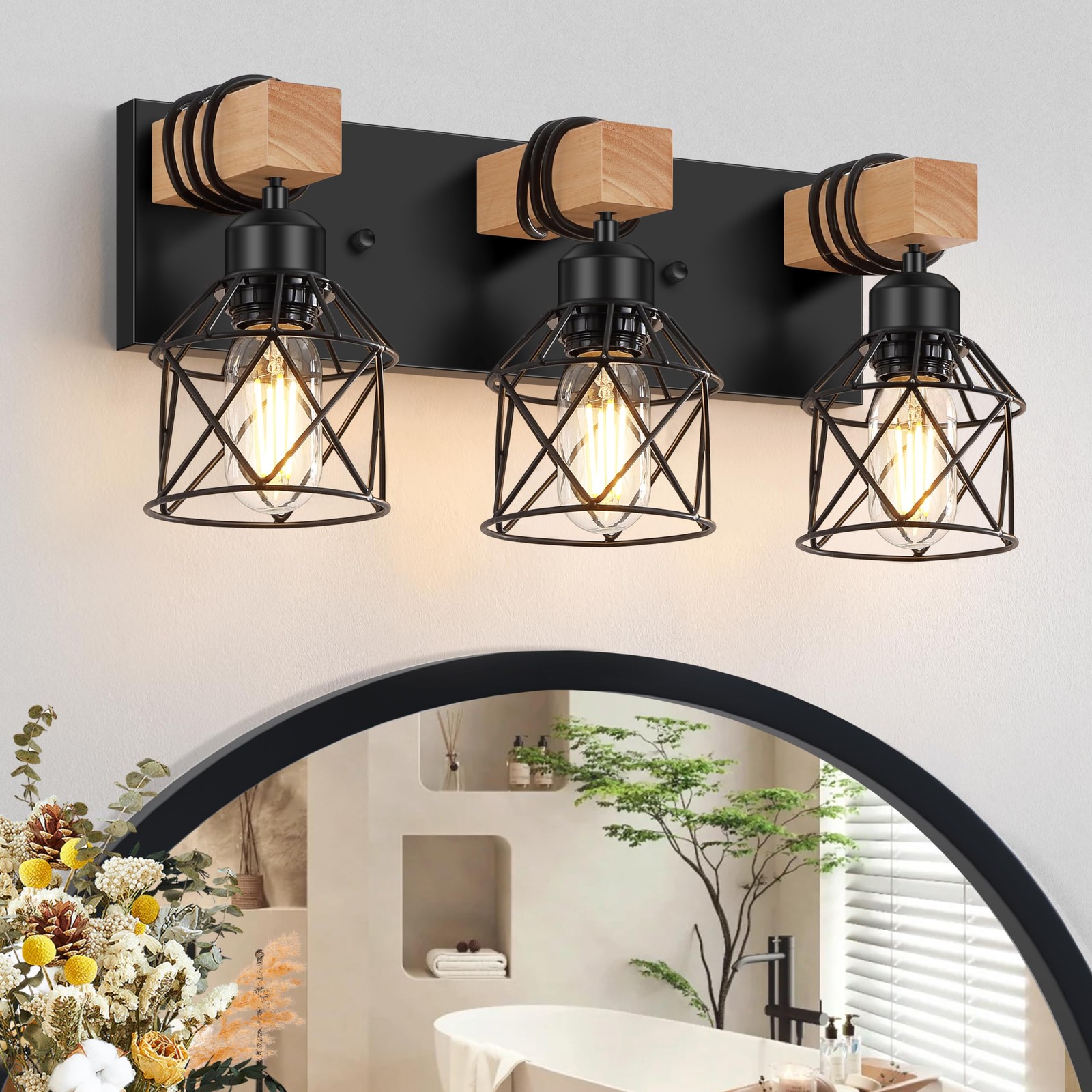 FadimiKoo 3-Light Farmhouse Vanity Light for Bathroom, Wood 3-Lights, Black