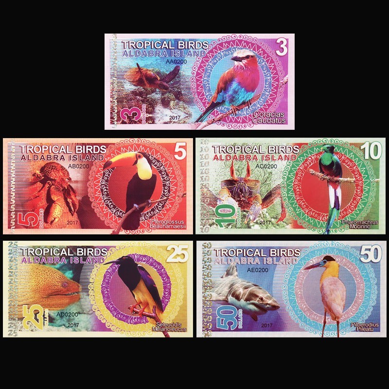 Aldabra Island Set 5 Pcs: 3;5;10;25;50 2017 Tropical Birds Polymer Test Note UNC