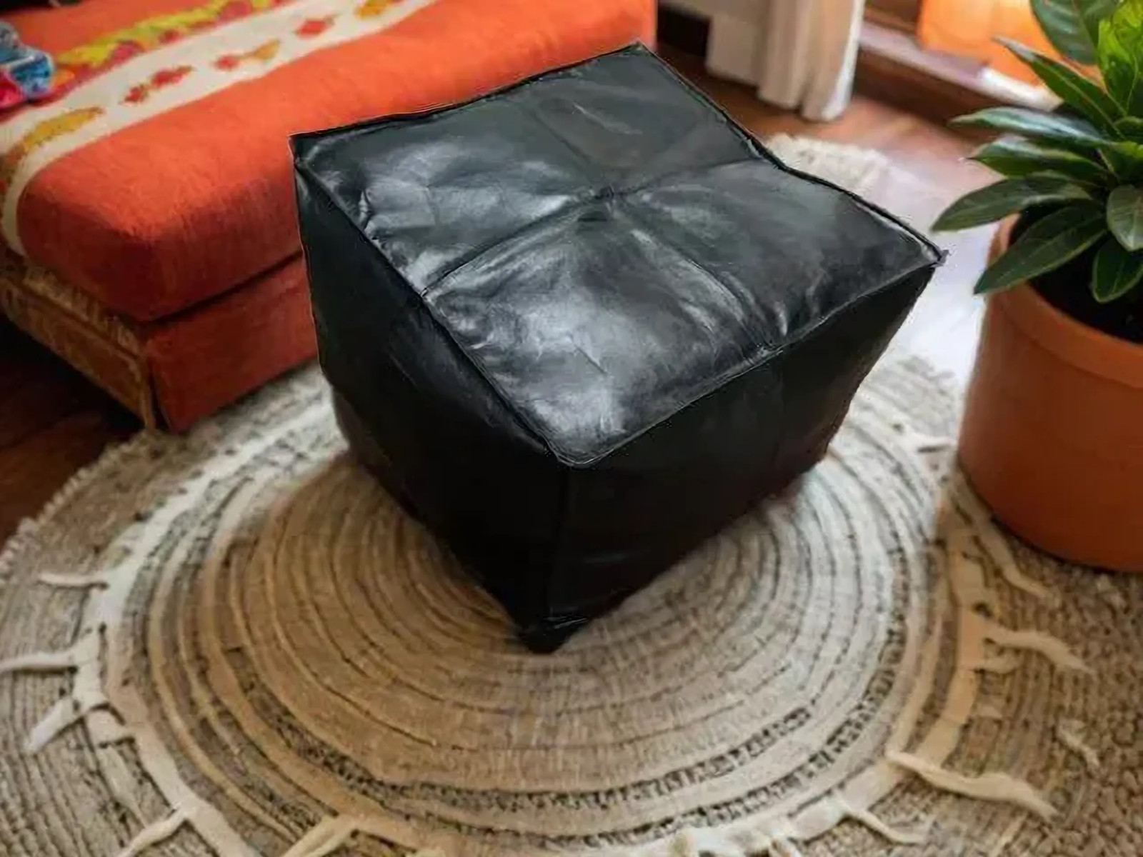 Black Wonderful Moroccan Ottoman Genuine Black Boho Unstuffed Pouffe Leather