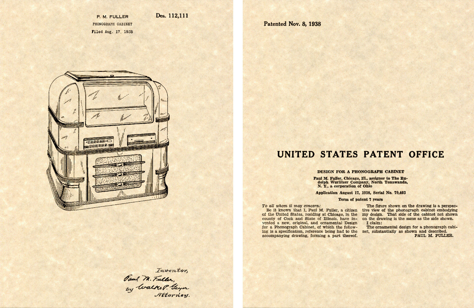 WURLITZER Model 61 JUKEBOX US PATENT Art Print READY TO FRAME! 1938 Juke Fuller
