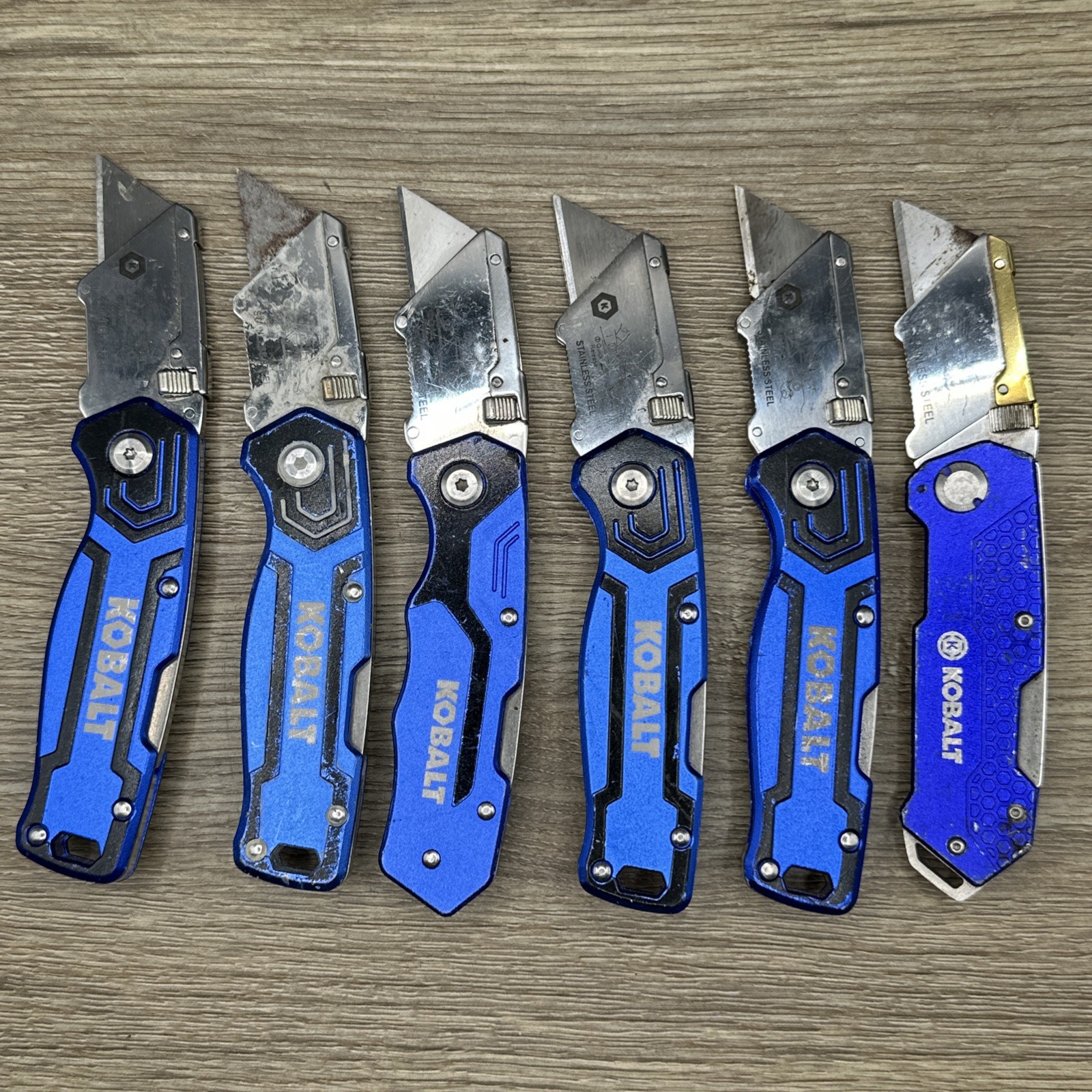 (LOT A) 6 Kobalt Folding Utility Knife Knives Box Cutters Blue TSA Surplus