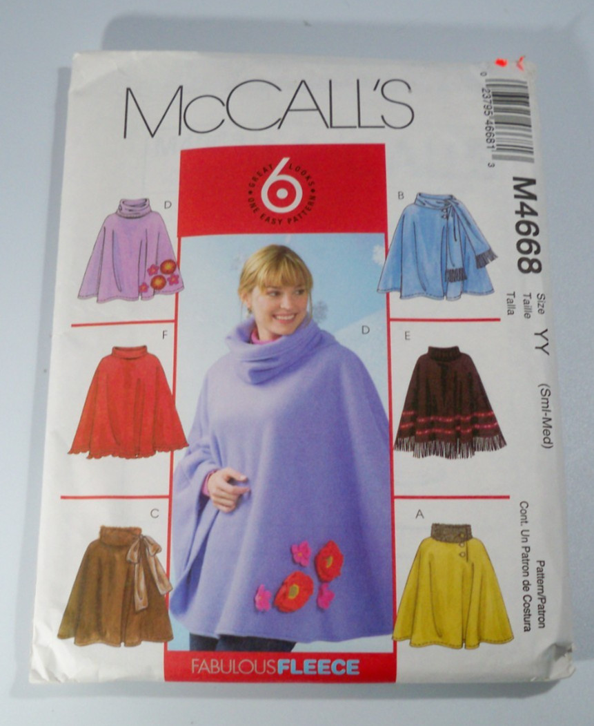 McCalls Pattern M4668 Ponchos Unlined Wraps 6 Styles Sizes S M UNCUT FF