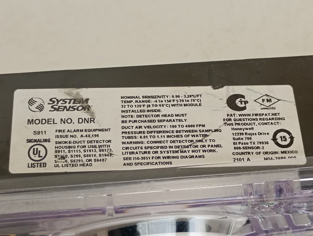 System Sensor / DNR Intelligent Non-Relay / Duct Smoke Detector