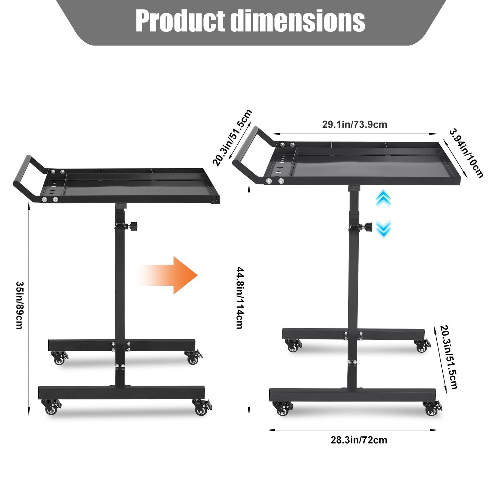Rolling Tool Tray with Wheels Adjustable Height Mobile Work Table 300Lb Capacity