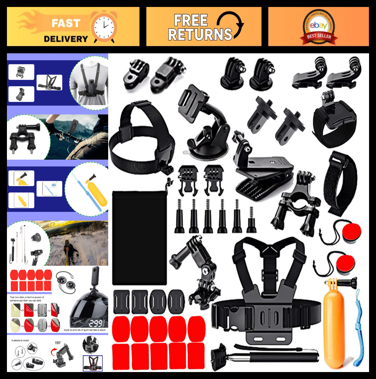 44-in-1 Action Camera Accessory Kit for GoPro & Insta360 - Mounts, Tripods, Case
