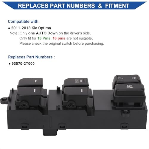 Power Window Switch Front Left Driver Side 16 Pins Compatible with 2011-2013