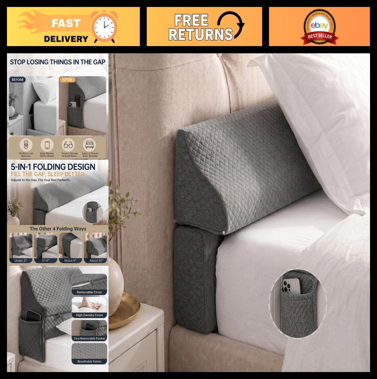 King Size Bed Wedge Gap Filler Pillow - Foldable Mattress Gap Closure, Dark Grey