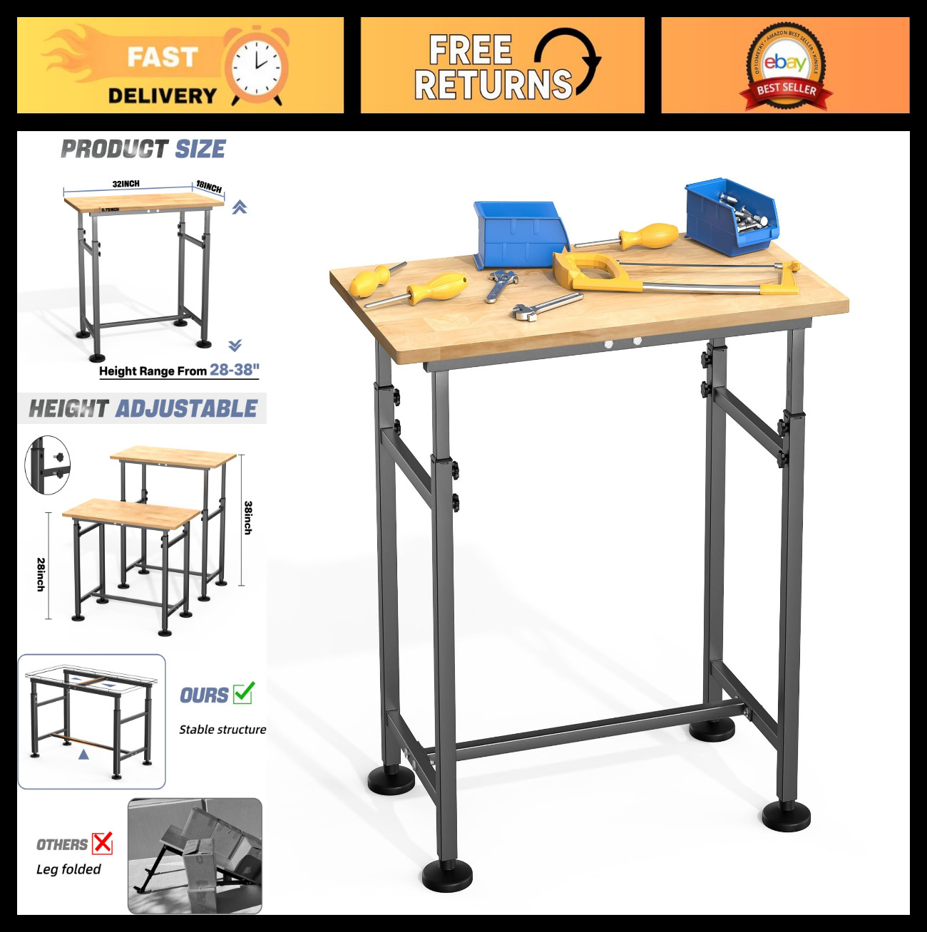 Heavy Duty Adjustable Workbench 32" x 18" - Rubber Wood Top, 1500 lbs Capacity