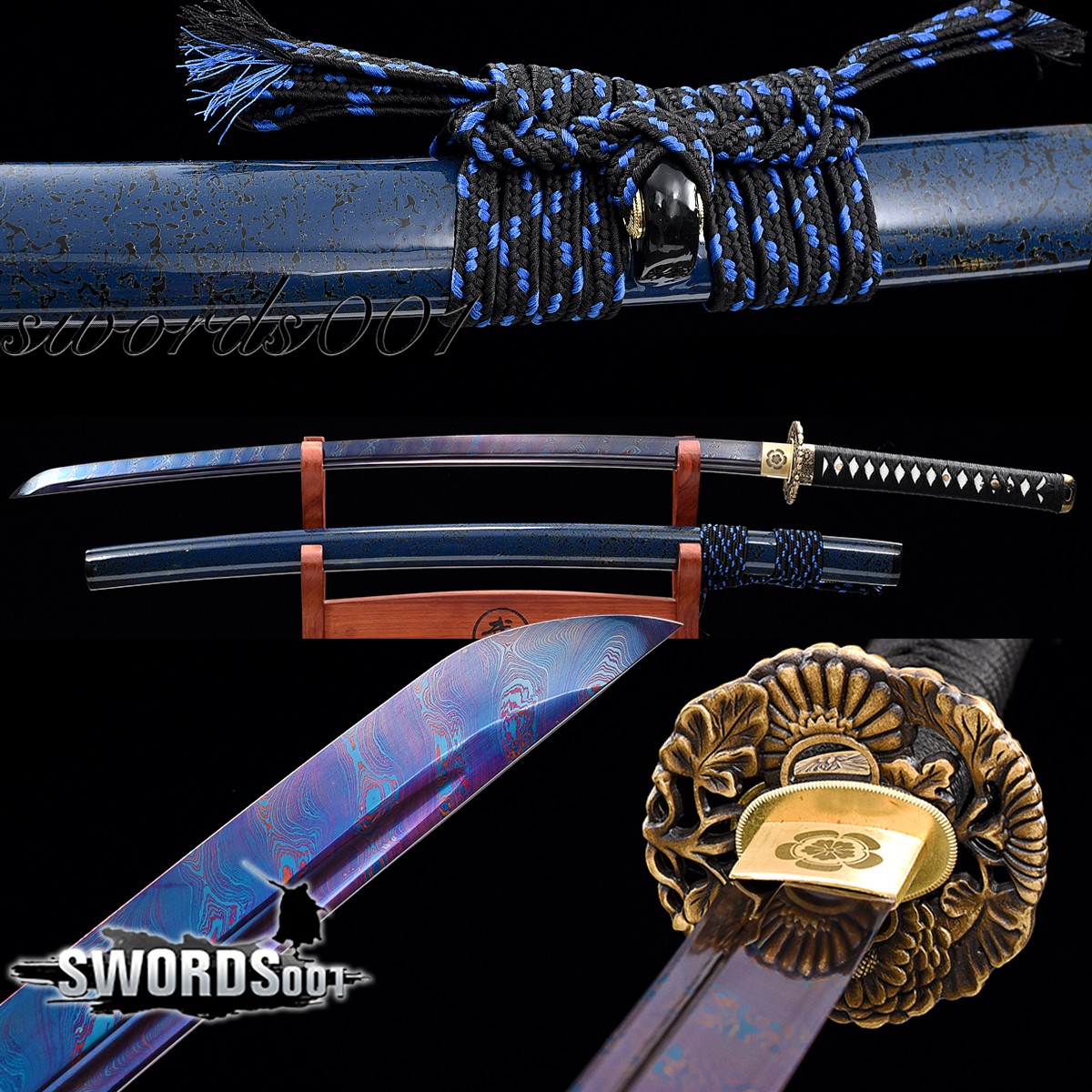 Elegant Blue Damascus Folded Steel Blade Japanese Samurai Katana Sword Full Tang