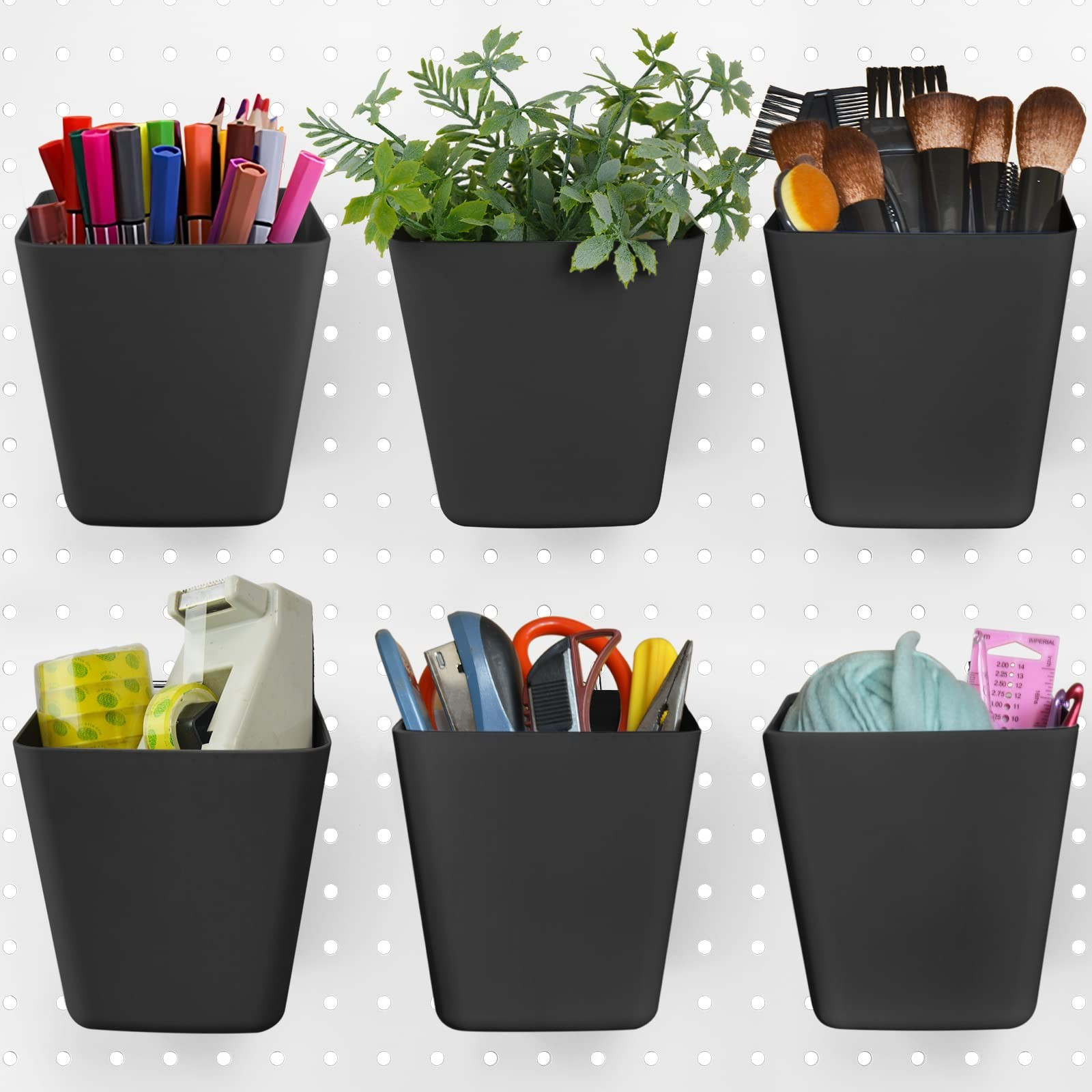 Large Pegboard Cups Peg Board Storage Bin 6 Pack with Hooks, Square Box Shape...