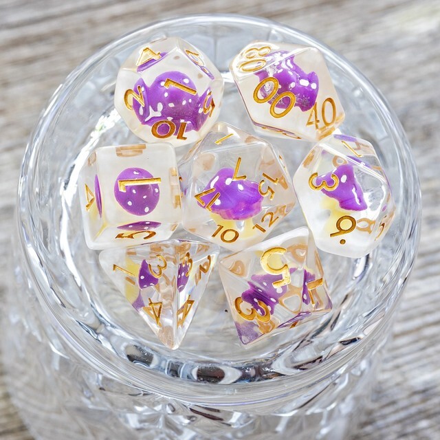 Sage's Familiars - Purple Magic Shrooms Resin Polyhedral Dice Set | RPG DND