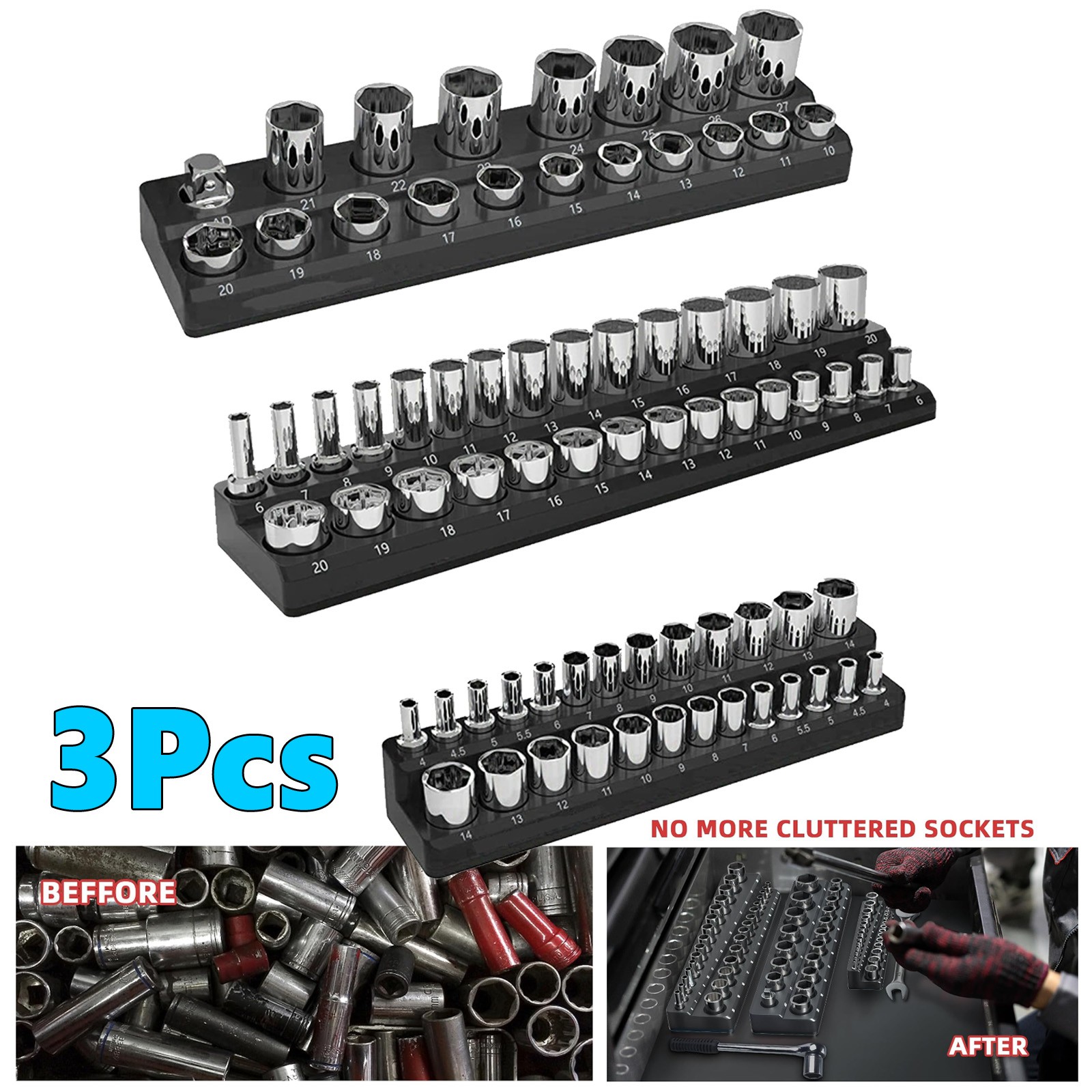 3pcs Magnetic Socket Organizer Storage Holder Set 1/4" 3/8" & 1/2" Drive SAE USA