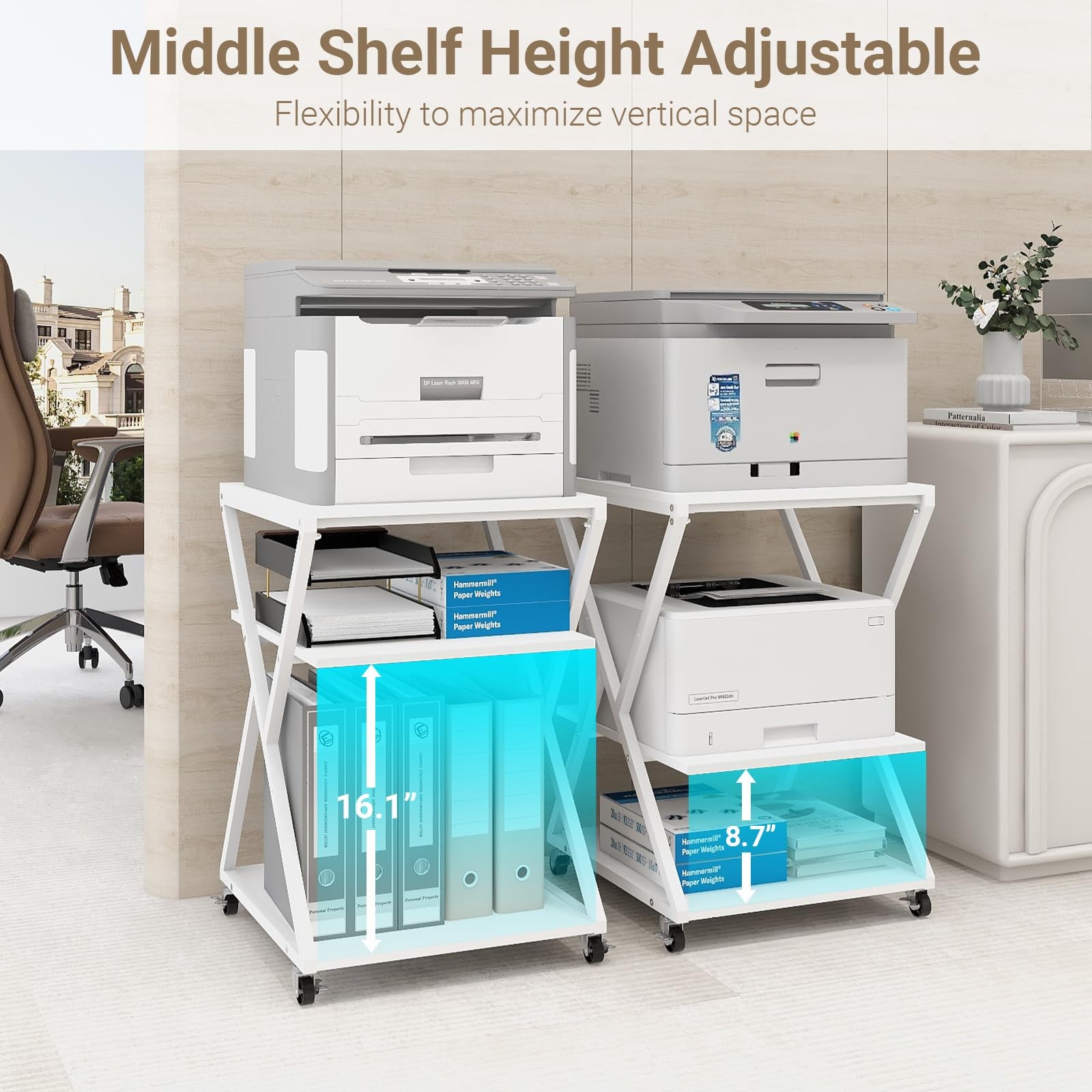 3 Tier Large Printer Table, 19.7"x19.7", Height Adjustable,White
