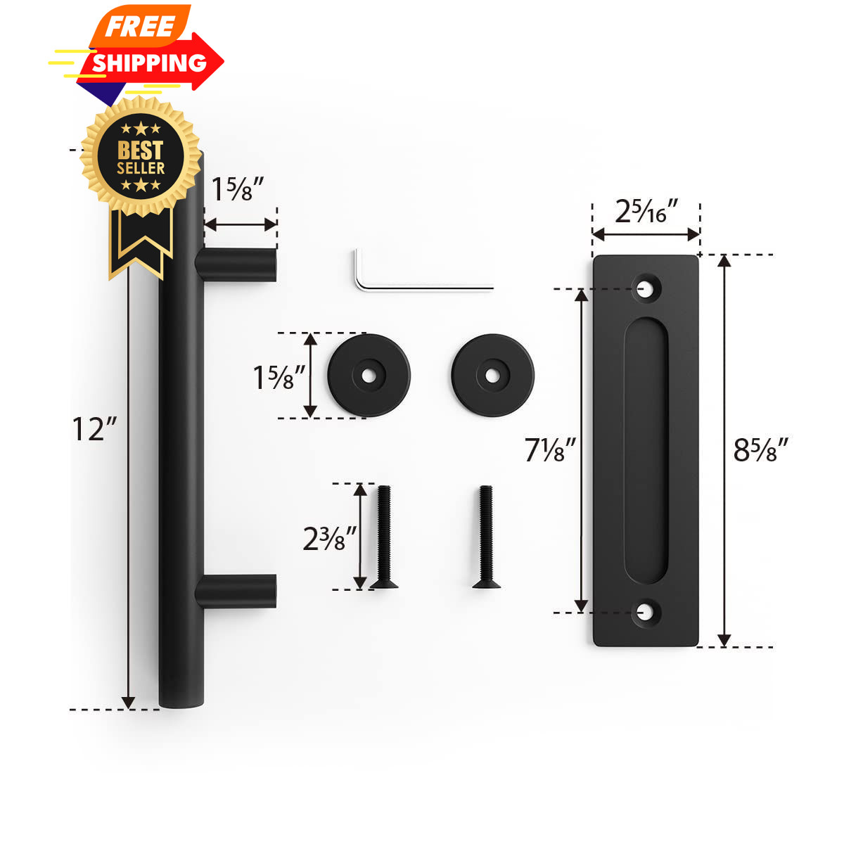 SMARTSTANDARD 2PCS 12" Pull and Flush Barn Door Handle Set, 12 Inch, Black