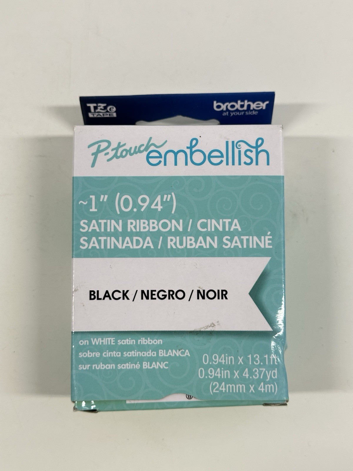 Brother P-touch Embellish Satin Ribbon Tape ~1” Black on White 0.94in x 13.1ft