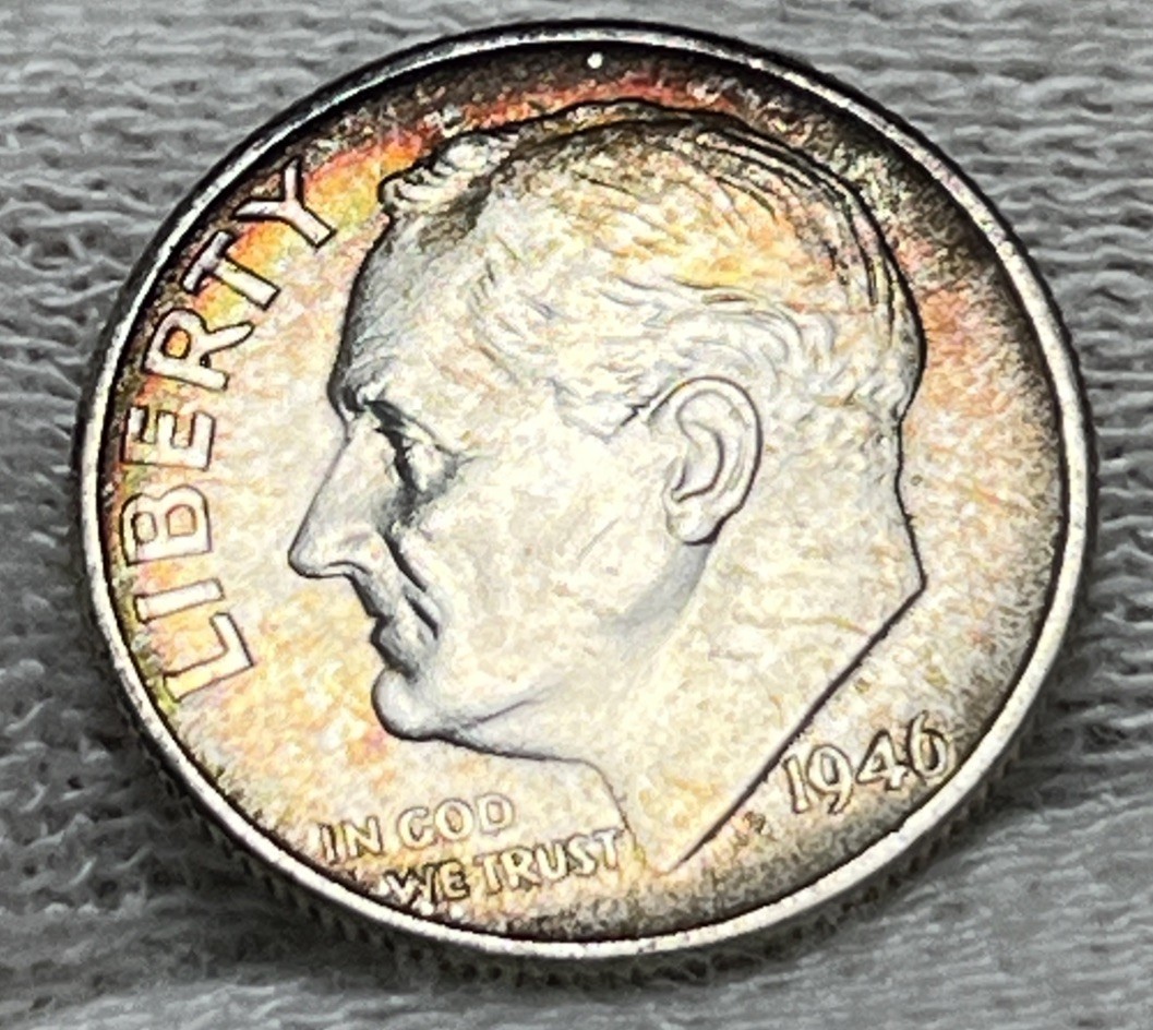 1946 Roosevelt Silver Dime Rainbow Toning Uncirculated #3