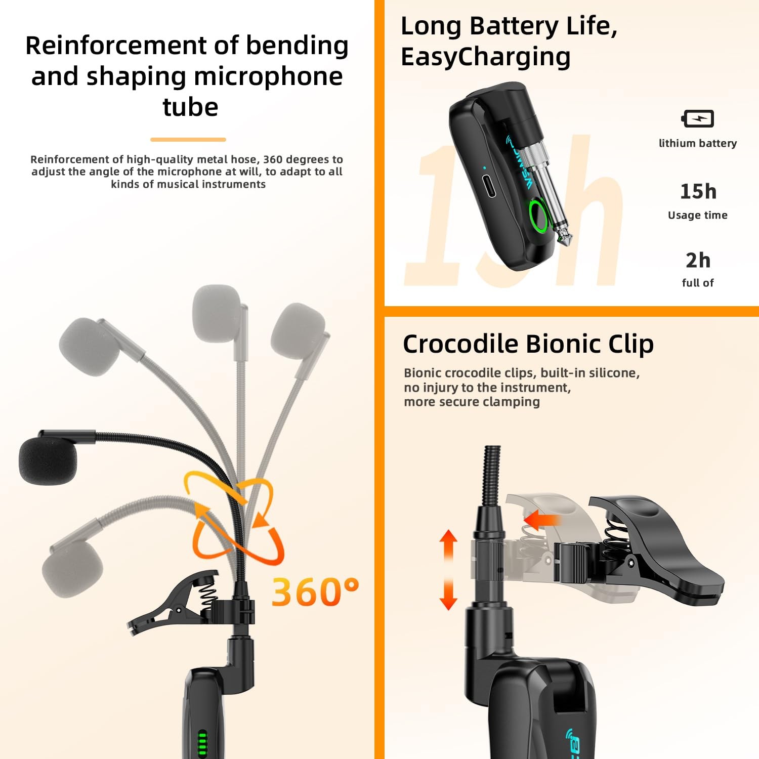 Wireless Saxophone Microphone System, Clip-On Instrument Mic for Black