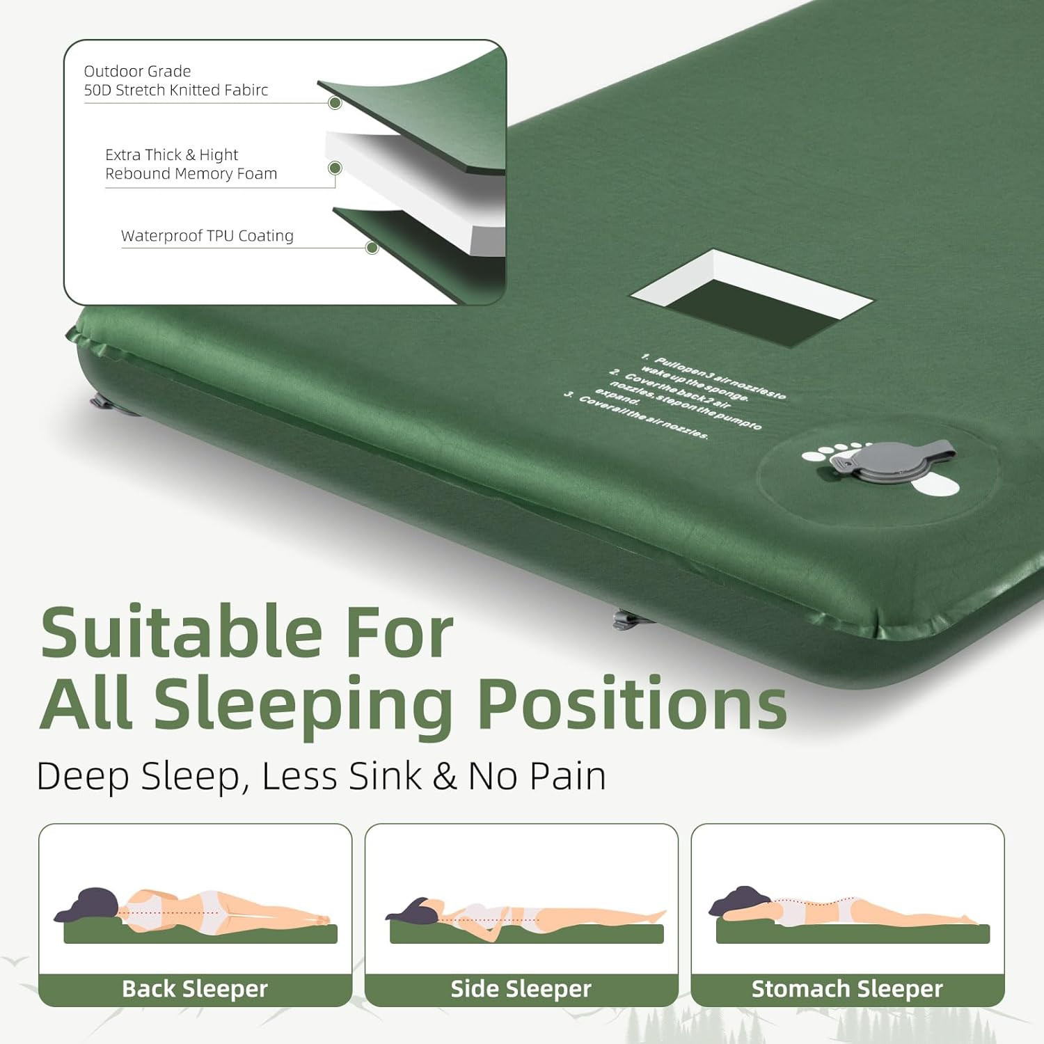 Memory Sleeping Pad, 3.1" Ultra-Thick Foam Sleeping Mats for Camping, Easy Infla