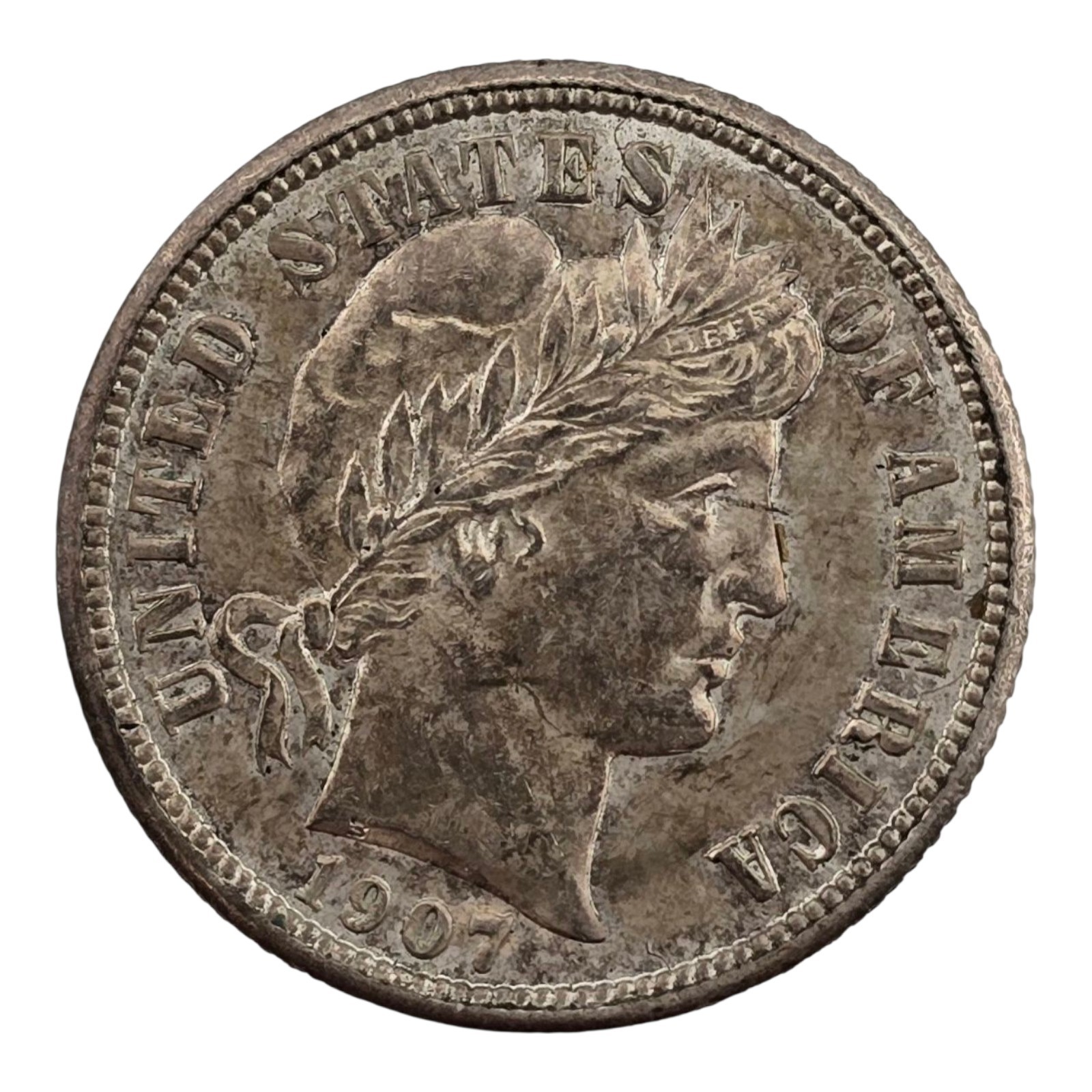 KEY DATE AU / UNC 1907 S BARBER DIME US SILVER COIN AU UNC DETAILS