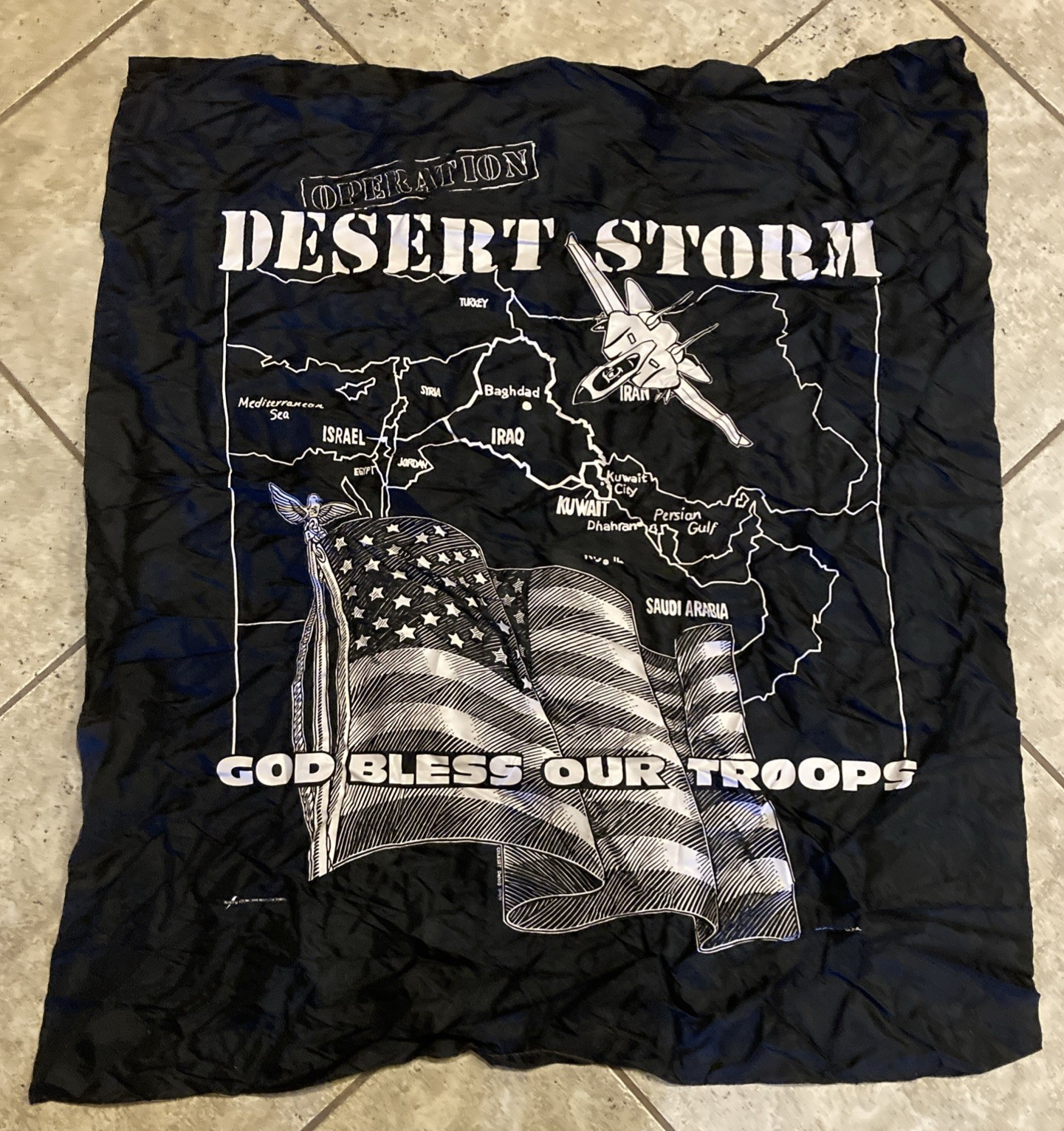Vintage 1991 Operation Desert Storm Banner Flag 42"×37" - God Bless Troops USA