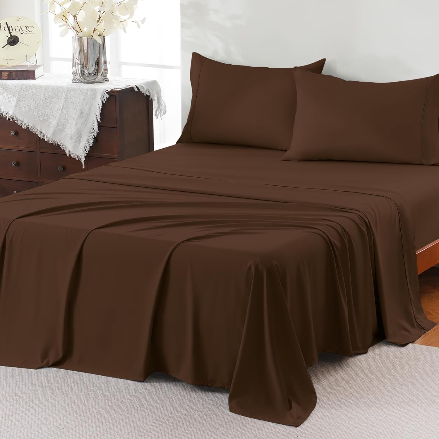 Full Sheet Set,4 Pieces Hotel Luxury Breathable Soft Microfiber Bedsheets Anti