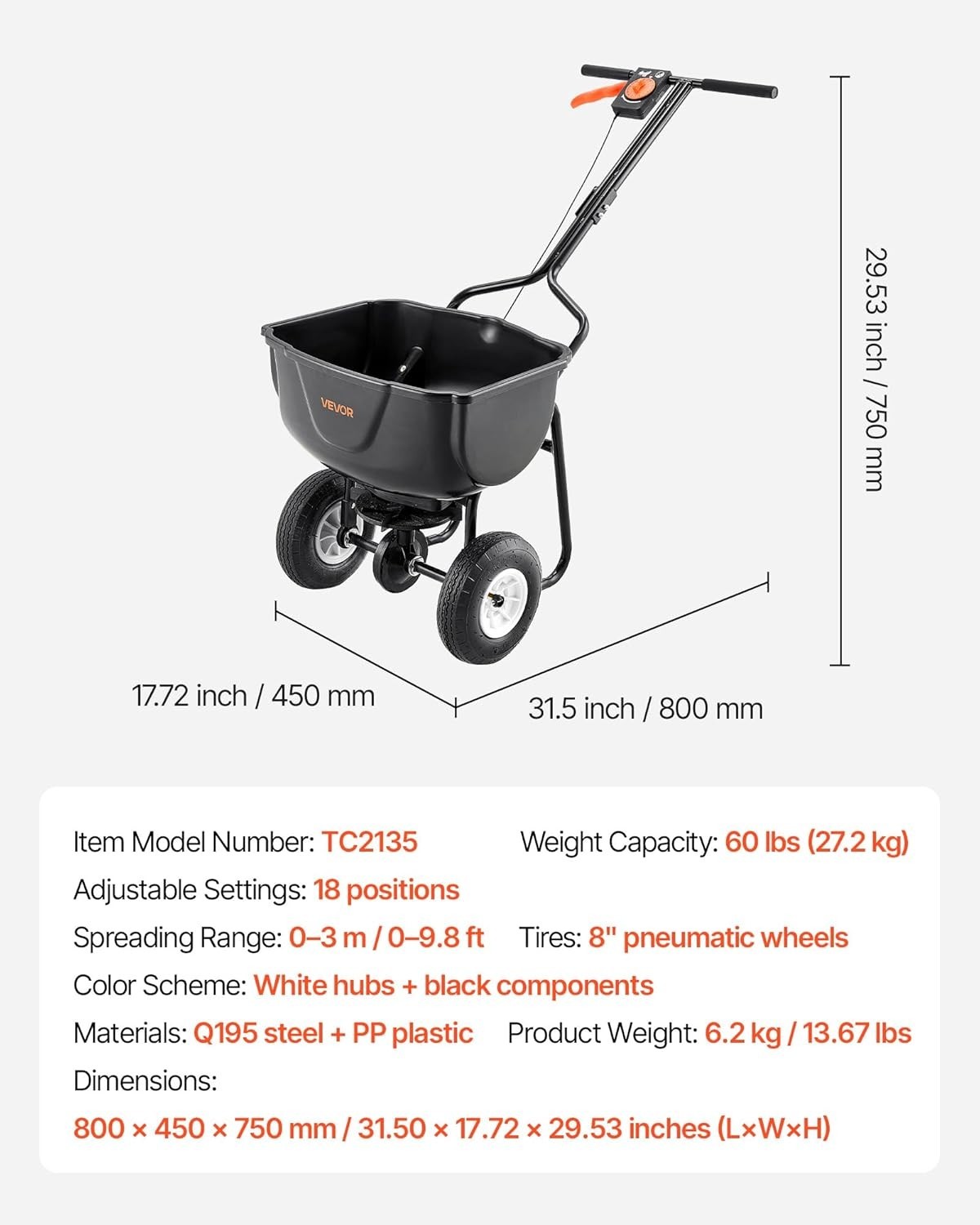 All-Terrain Walk Behind Fertilizer Spreader, 60lb Capacity, Compact Design