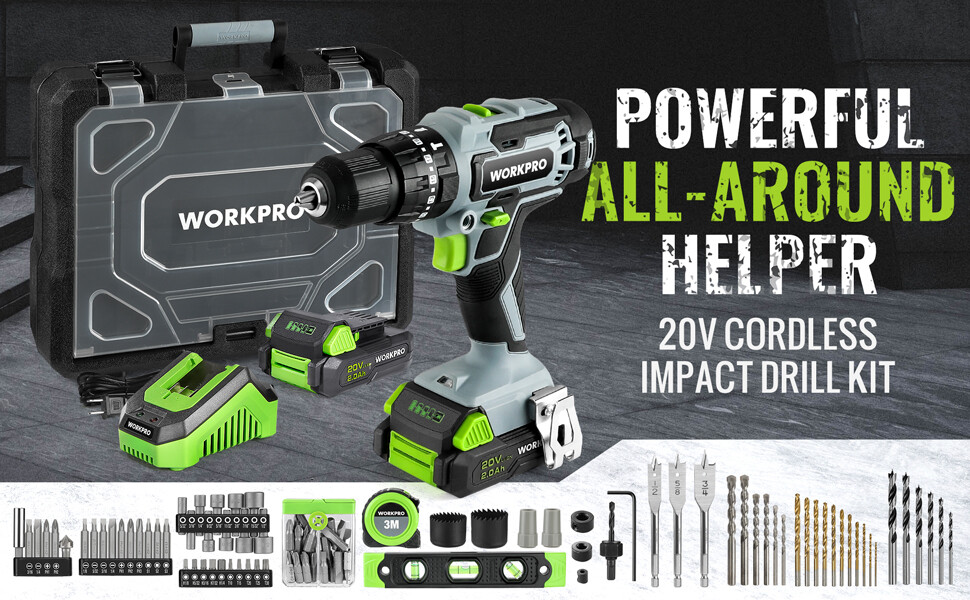 WORKPRO 20V Max Cordless Drill Driver Set Electric Power w/102Pieces Accessories