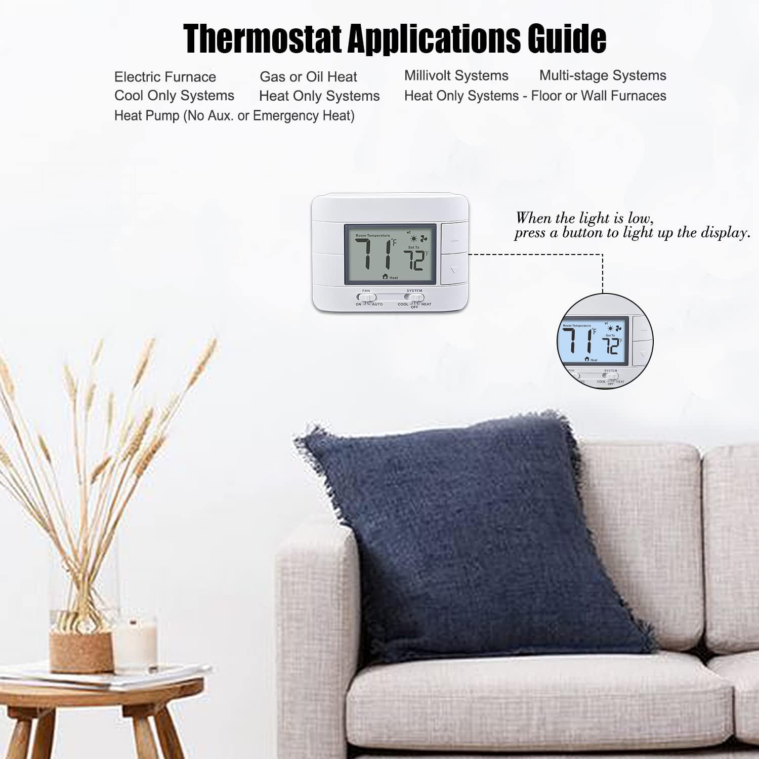 Non Programmable Thermostat for Home 2 Heat 2 Cool Multistage System, White