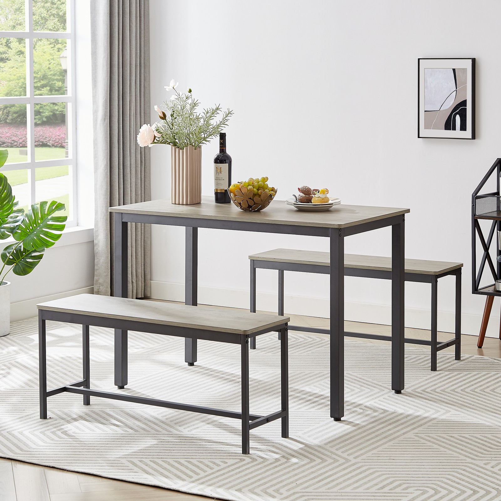 3 Pieces Dining Set Counter Kitchen Dining Table s 2 Bench For Breakfast Gray