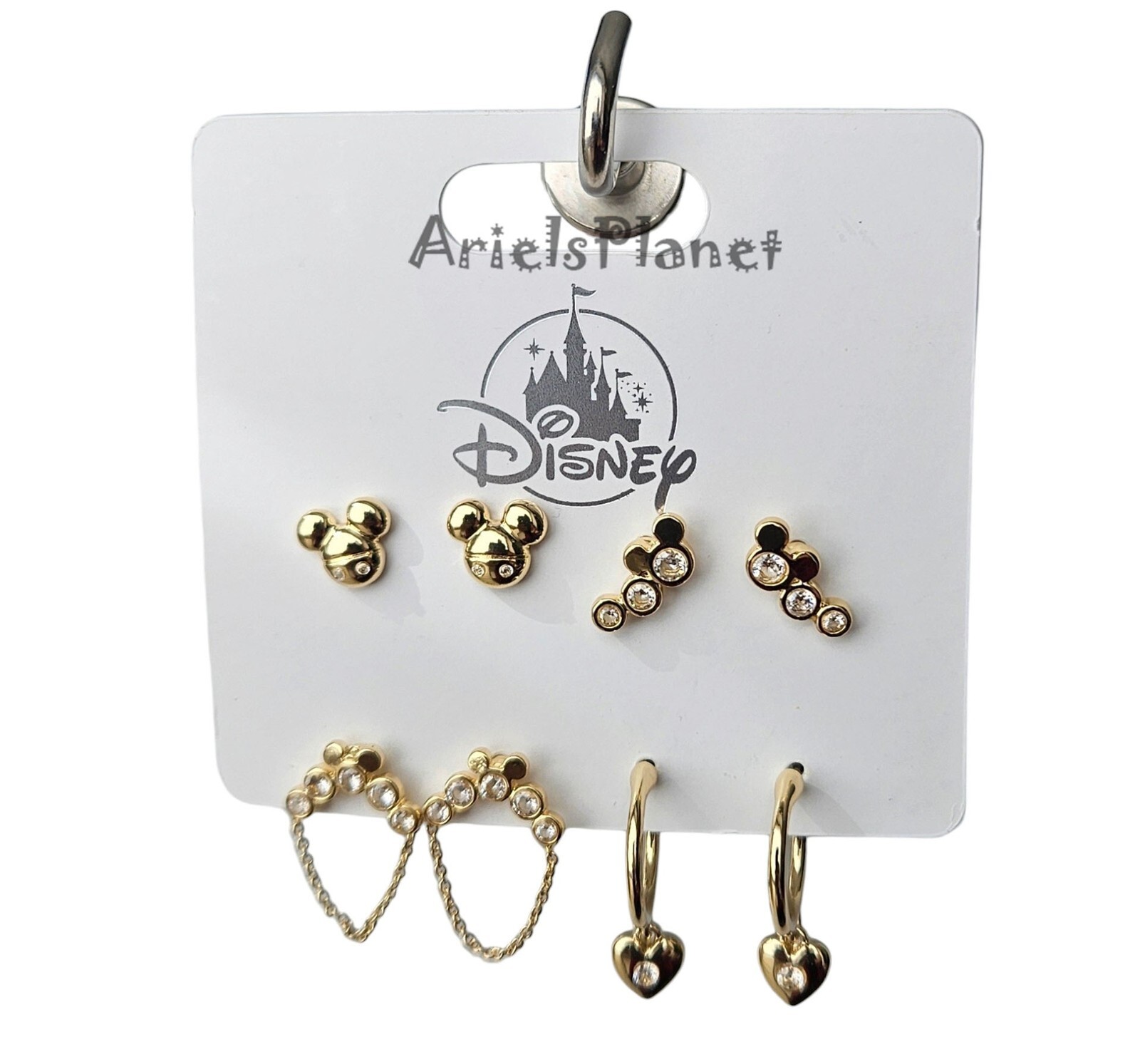 DISNEY PARKS Mickey Mouse Ear Set of 4 Gold Toned Studs & Dangling Earrings