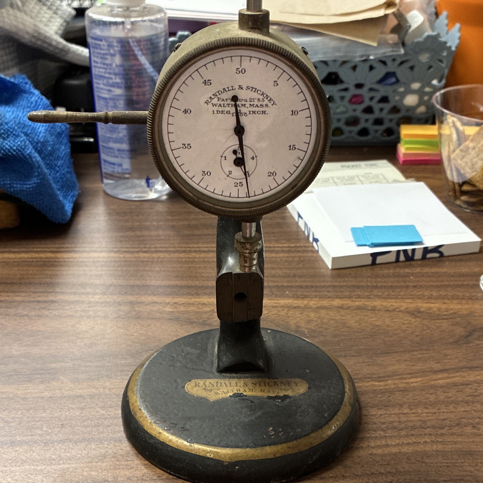 Randall & Stickney Dial Indicator Gauge on Stand Pat Aug 21 1894 Waltham Mass
