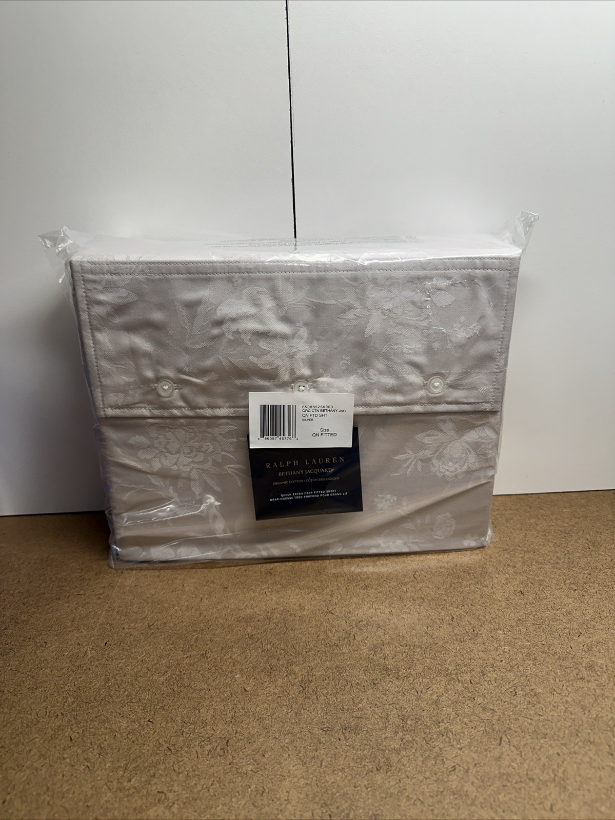 Ralph Lauren Bethany Jacquard Organic Cotton Queen Fitted Sheet Silver New