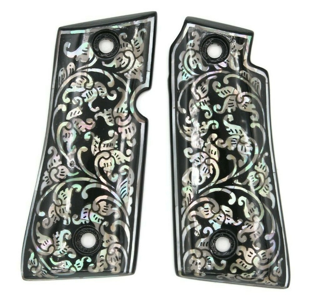 COLT MUSTANG POCKETLITE 380 GRIPS GENUINE PEARL BlACK ART FlOWER NICE GIFT