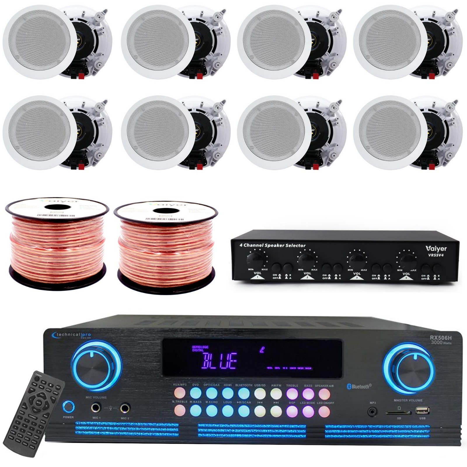 Vaiyer Home Stereo Kit 2000W Amp, 8×5.25" , 4-Ch Speakers, Selector & 500ft Wire
