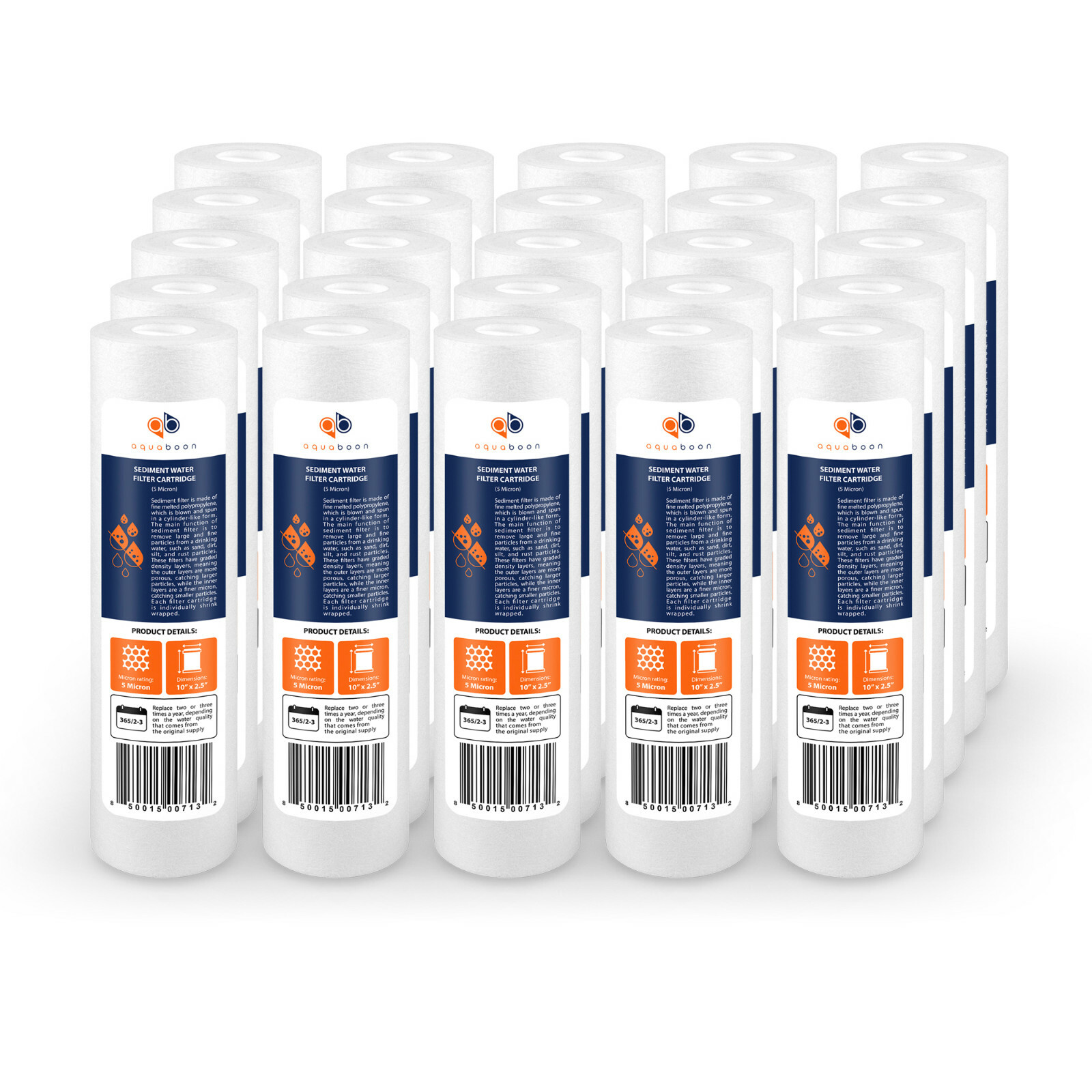 25-PACK 5 Mic Sediment Water Filter Cartridges Standard Size 10x2.5" by Aquaboon