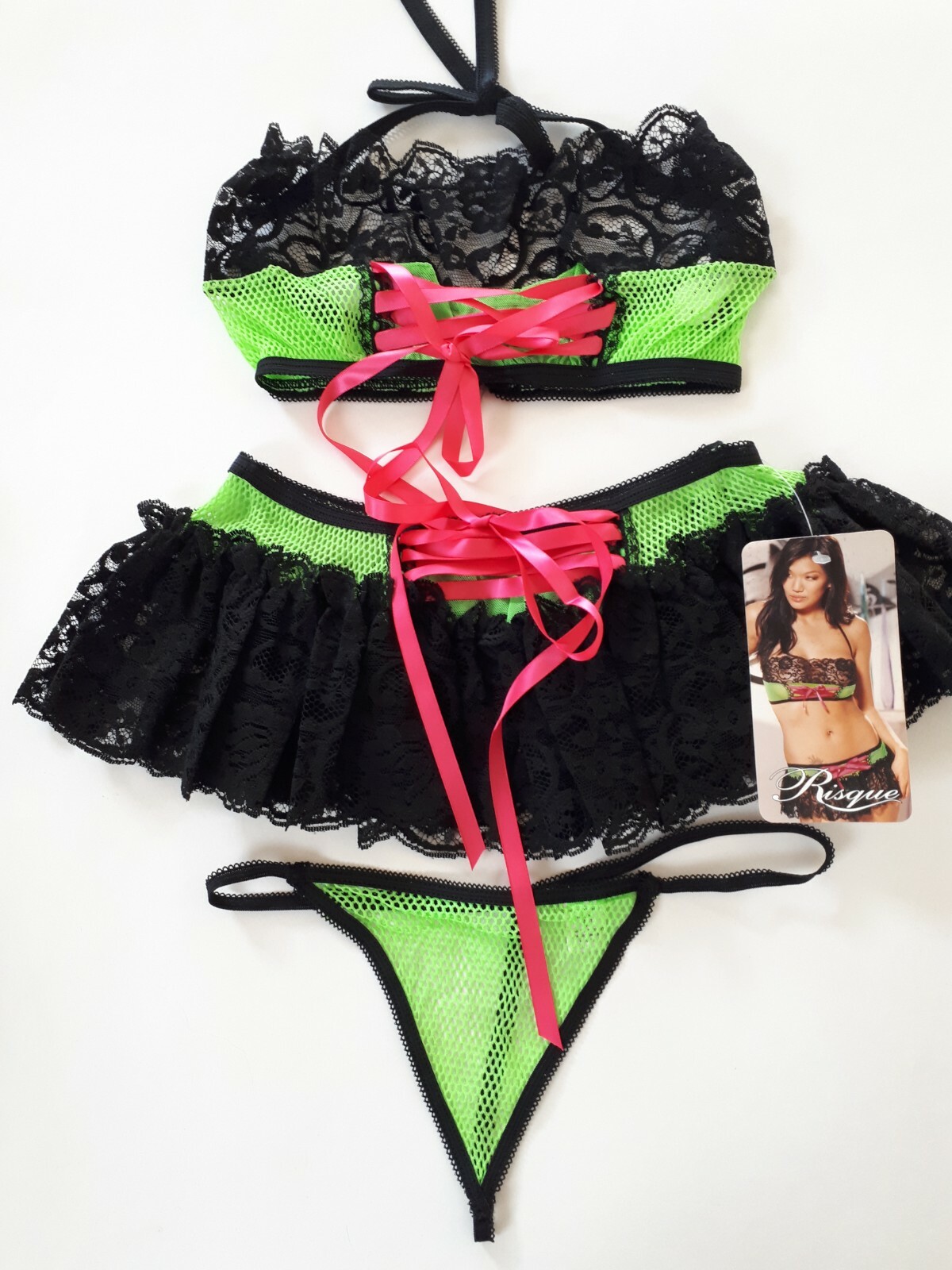 Shirley of Hollywood Sheer Neon Green Fishnet Bra Thong & Skirt Risque Lingerie