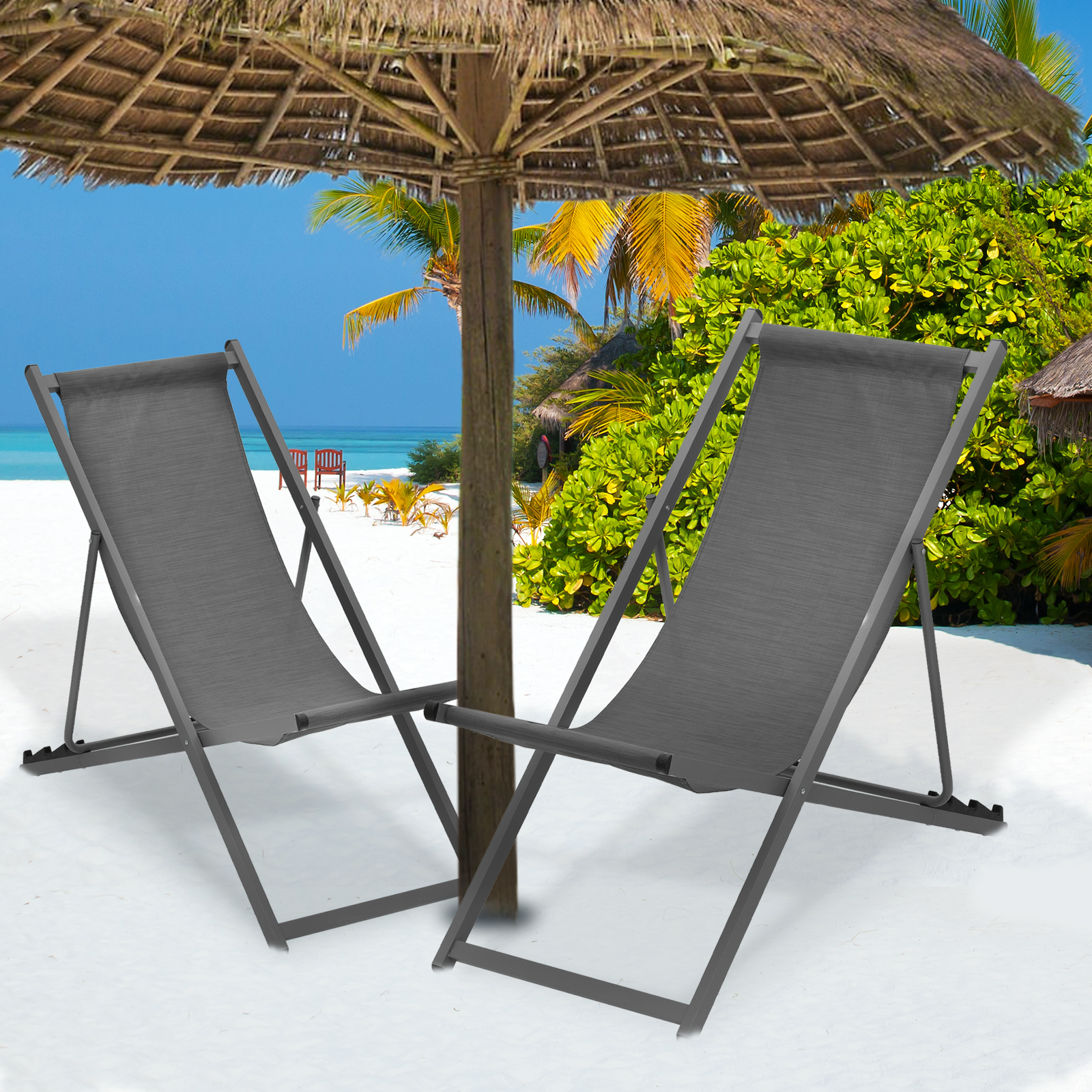 2 Pack Foldable Beach Sling Chair Set Adjustable Backrest Reclinable Lounge Seat