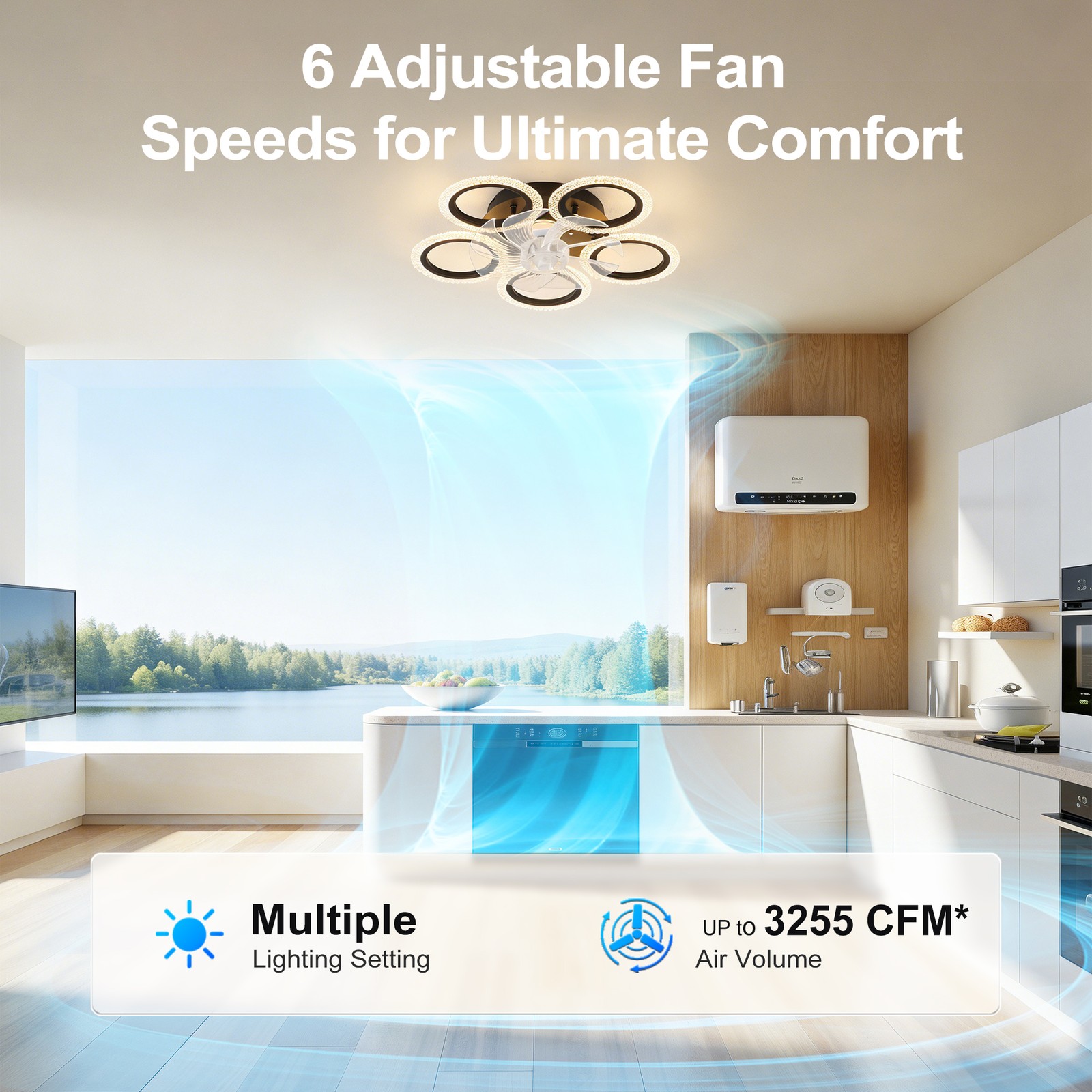 20''Modern Ceiling Fan Lights Remote Control.Black,6 Speeds 3 Light Color Low