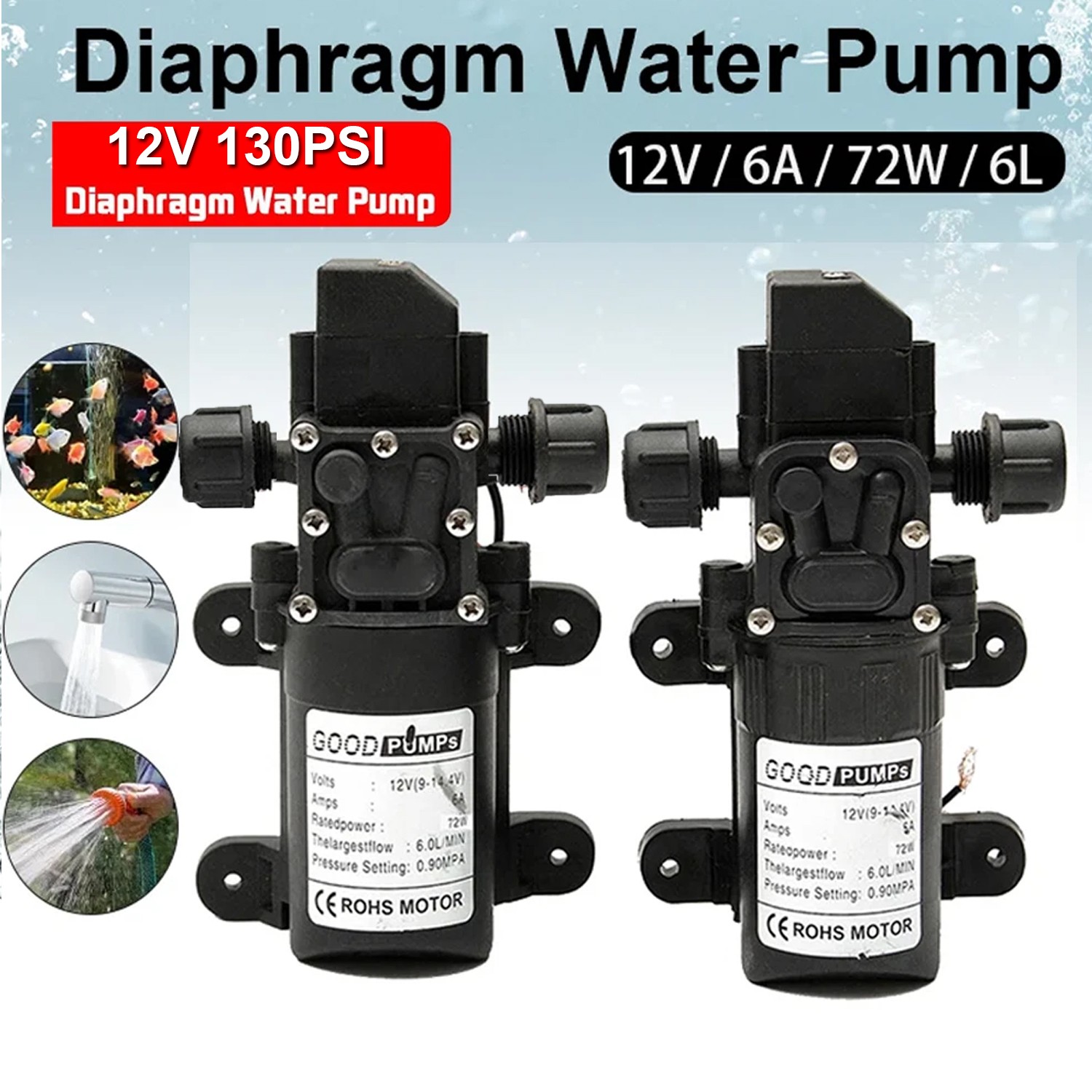 2Pack 12V Water Pump 130PSI Self Priming Pump Diaphragm High Pressure Switch