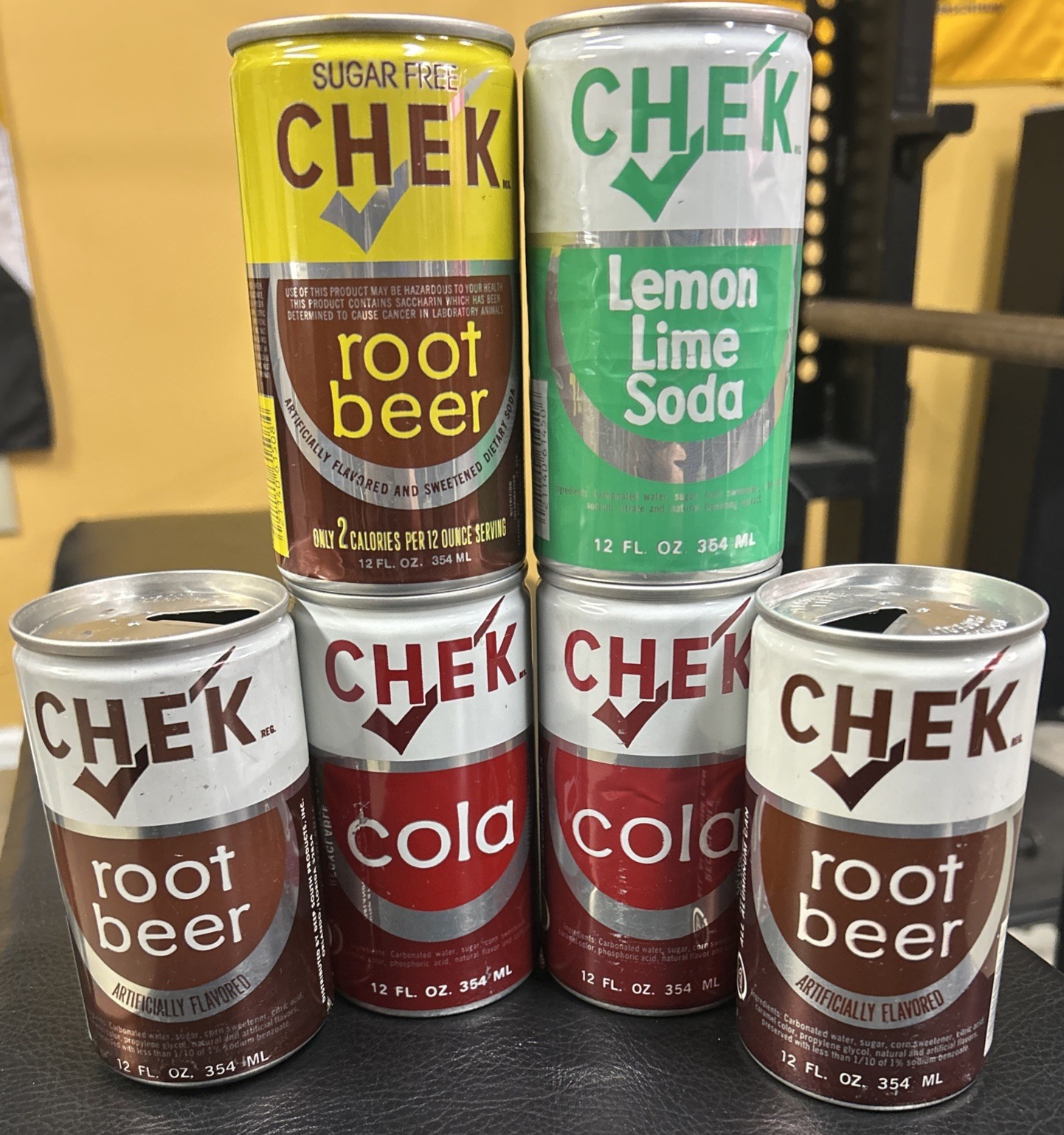 Vtg CHEK 12oz. Empty Aluminum Pull Tab Soda Can Lot Of 6, Cola/R. Beer/L. Lime