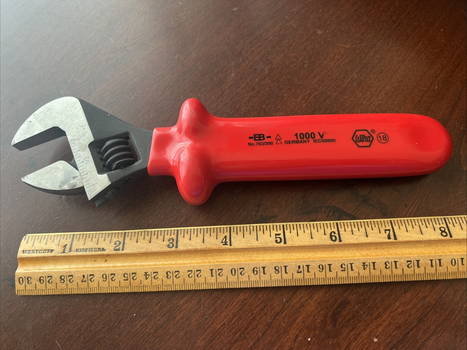 WIHA No. 762/200 Adjustable Wrench Insulated 1000V 18 Red Handle Tool Germany