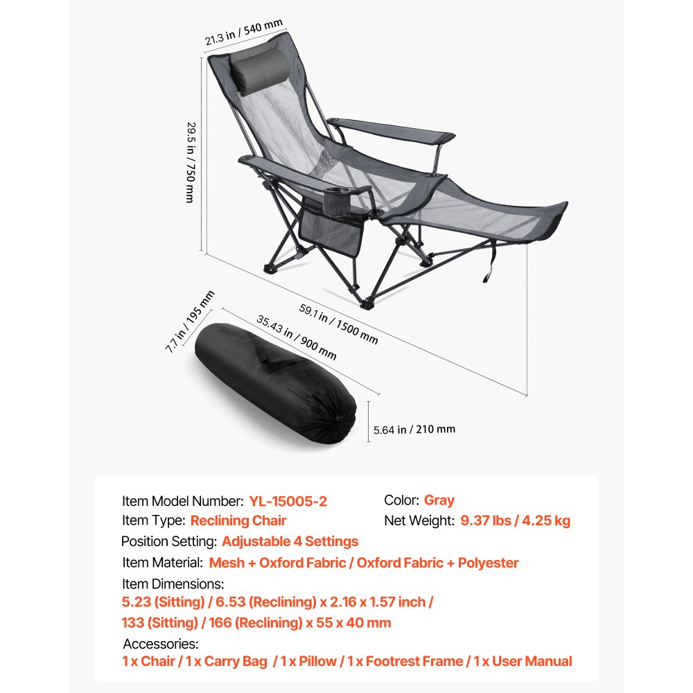 Reclining Folding Camping Chair, 4 Adjustable Positions w/ Headrest & Footrest