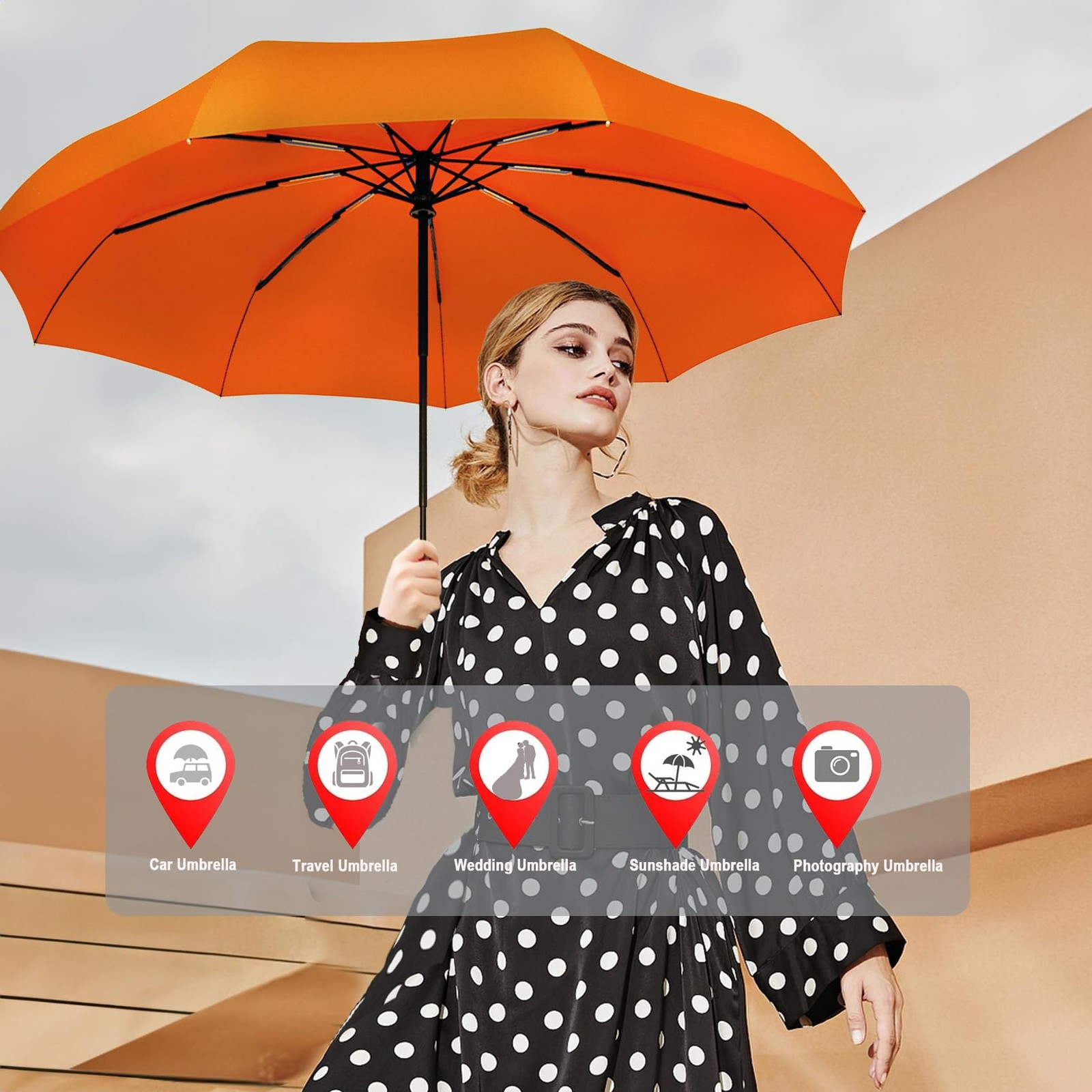 SIEPASA Windproof Travel Compact Umbrella-Automatic 42 Inch-1 Pack, Orange