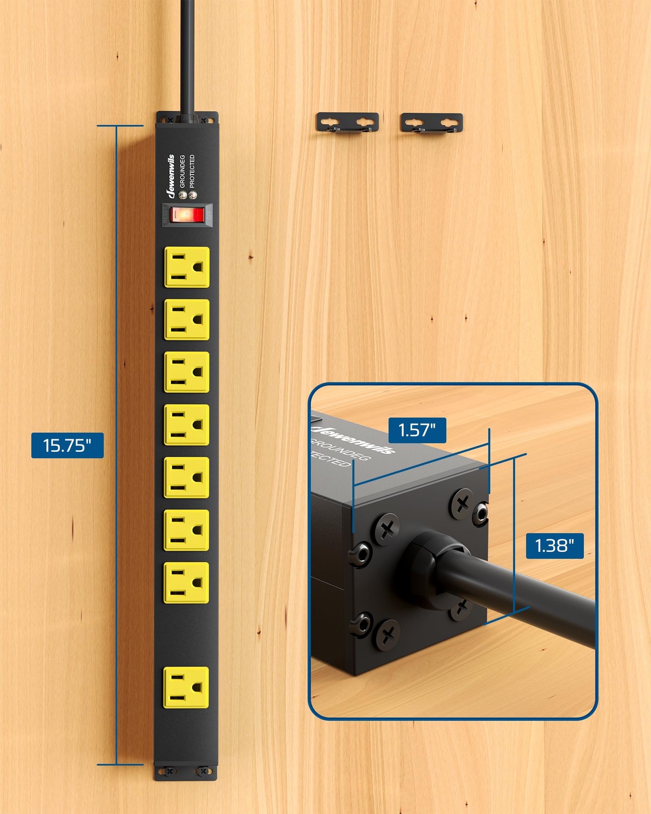 DEWENWILS Industrial Power Strip 8 Wide-Spaced Outlet, Metal Workshop Power Stri