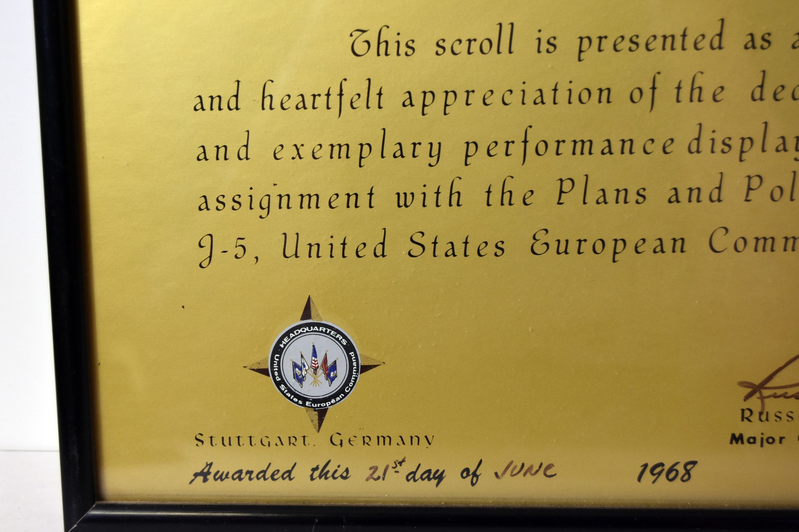 1968 Certificate Stuttgart Signed Major Gen. Russell Dougherty US Air Force