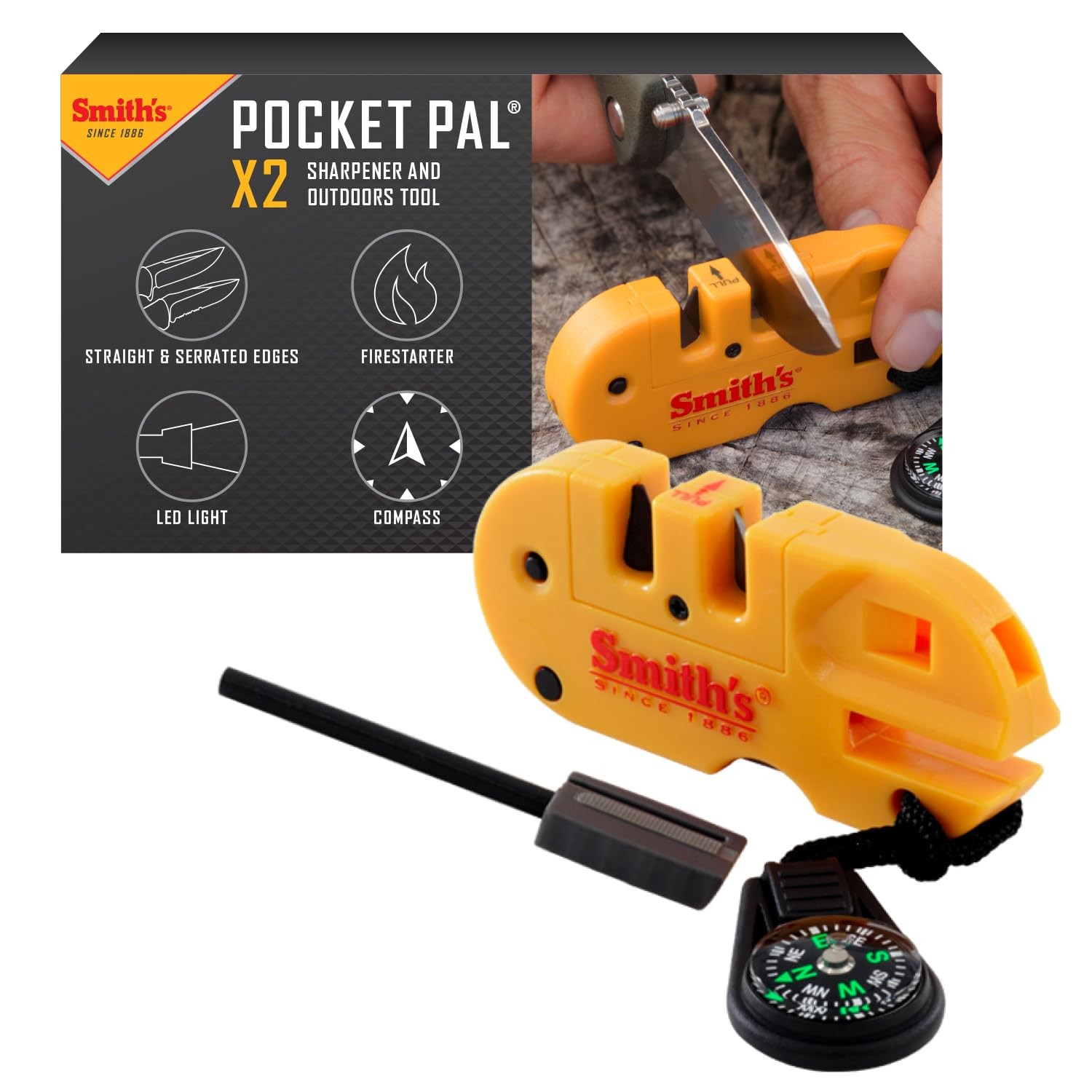 Smith’s 50364 Pocket Pal X2 Sharpener & Outdoors Tool – Yellow – Coarse and F...