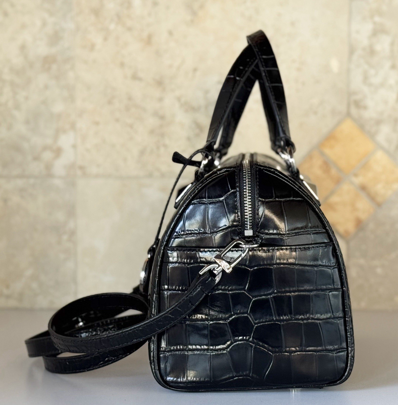 Michael Kors Grayson Medium Satchel Shoulder Exotic Embossed Leather Bag Black