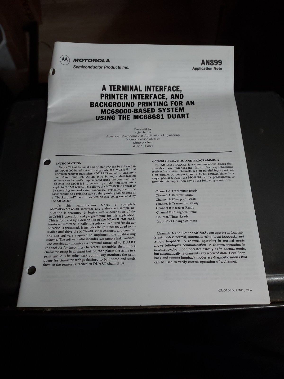 MOTOROLA AN899 A TERMINAL INTERFACE PRINTER INTERFACE AND BACKGROUND PRINTING