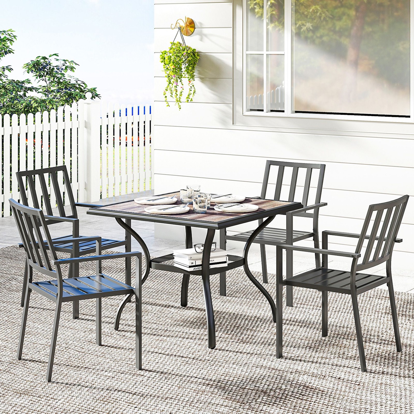 Steel Outdoor Dining Table 37"x37", Umbrella Hole, Wire Shelf, 110lb